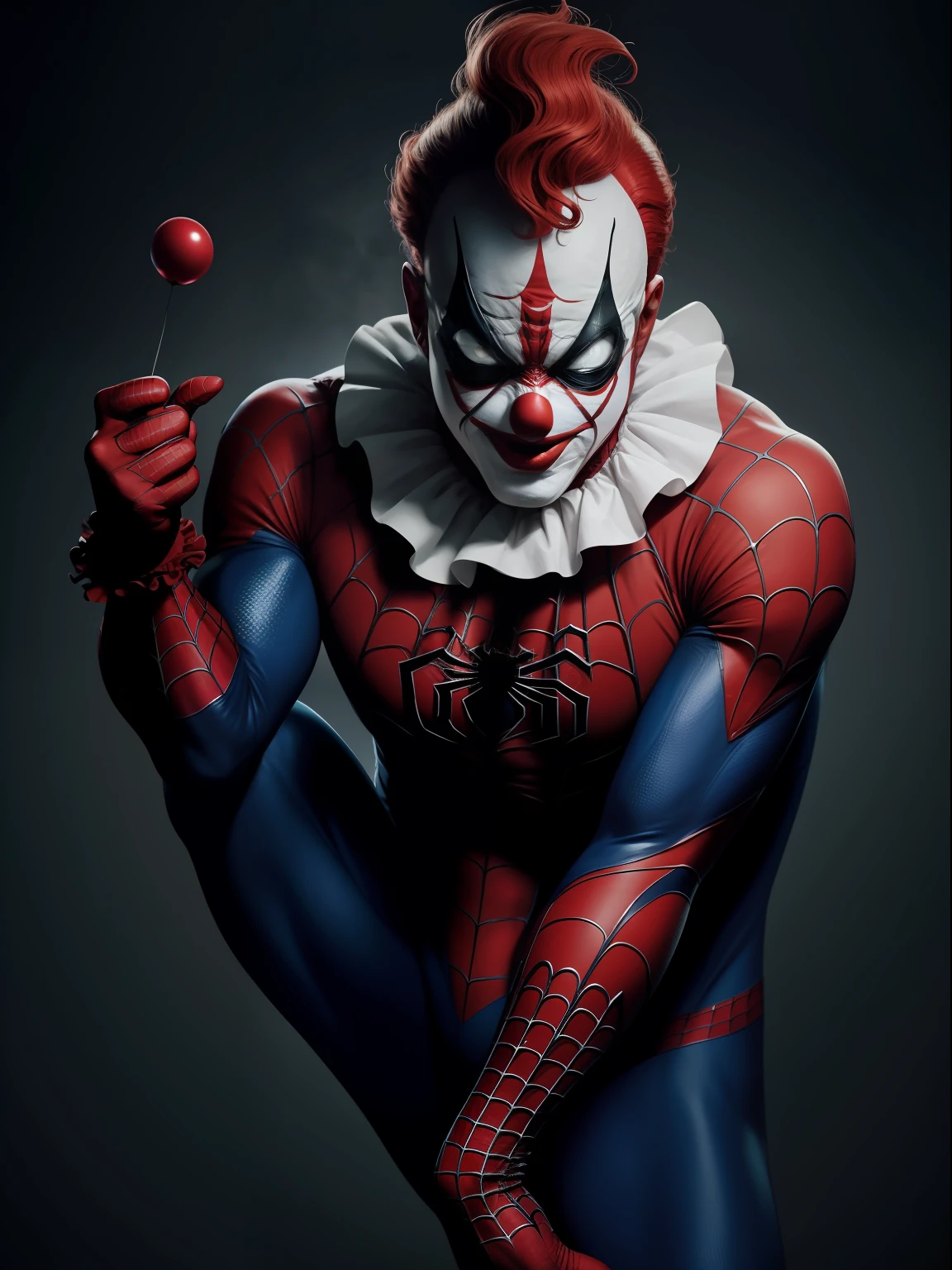 Dramatic Spiderman as a clown, funny clown face, cinematic, extreem realistic, extreem detailed, extreem Sharp, full body shot