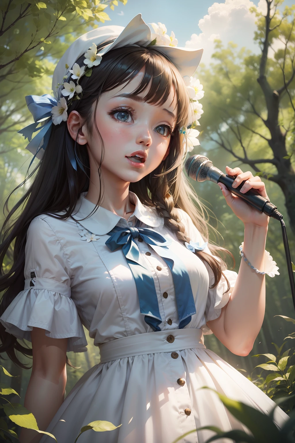 with blue sky and white clouds,ln the forest,There is one girl,sing