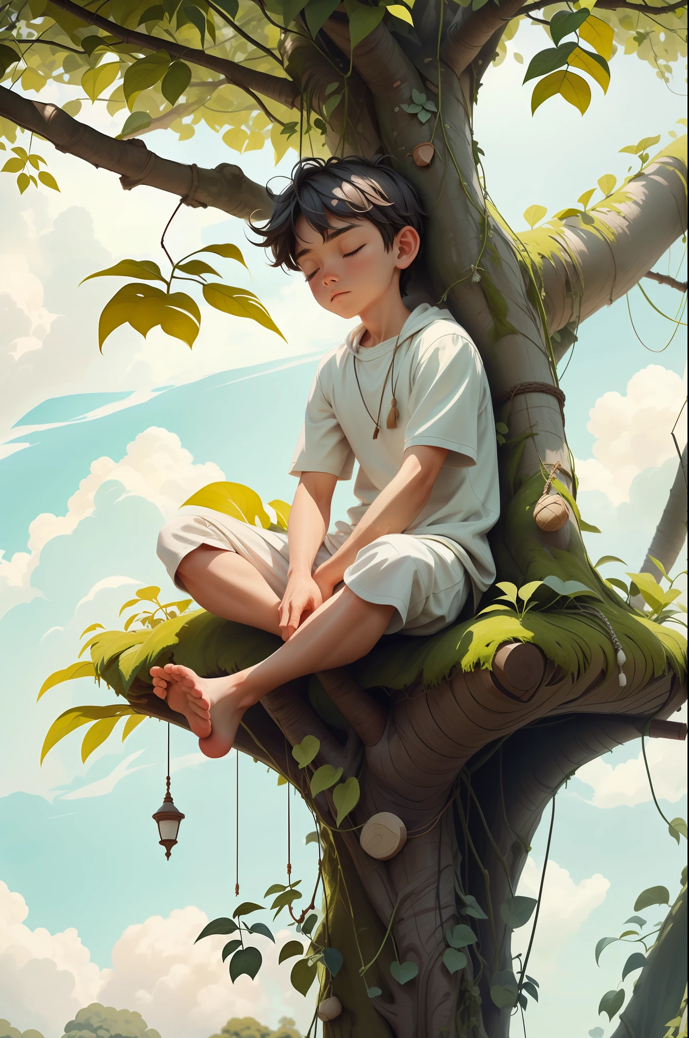 meditating boy siting under the tree, freedom, relax, nature, white cloudy sky,