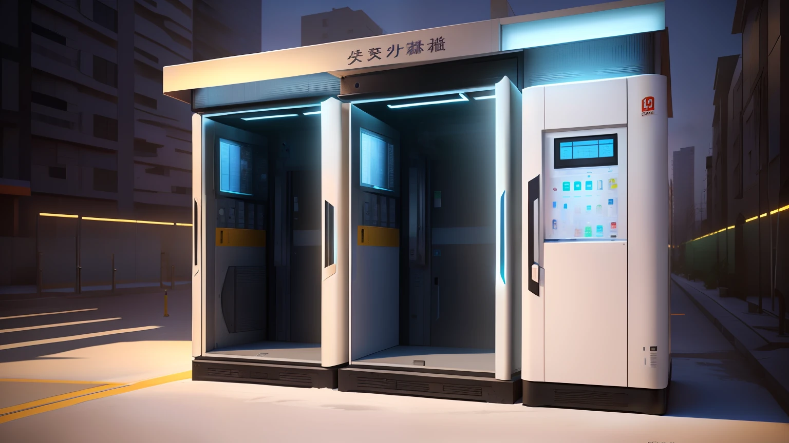 There is a Xiaoice box on the side of the building, vending machine, small library, vending machines, photograph of 3d ios room, with 3 d render, with 3d render, A digital rendering, conceito, sci-fi vending machine, sci-fi vending machine, a wide full shot, by Josetsu, rendered in 3 dsmax, author：Shitao