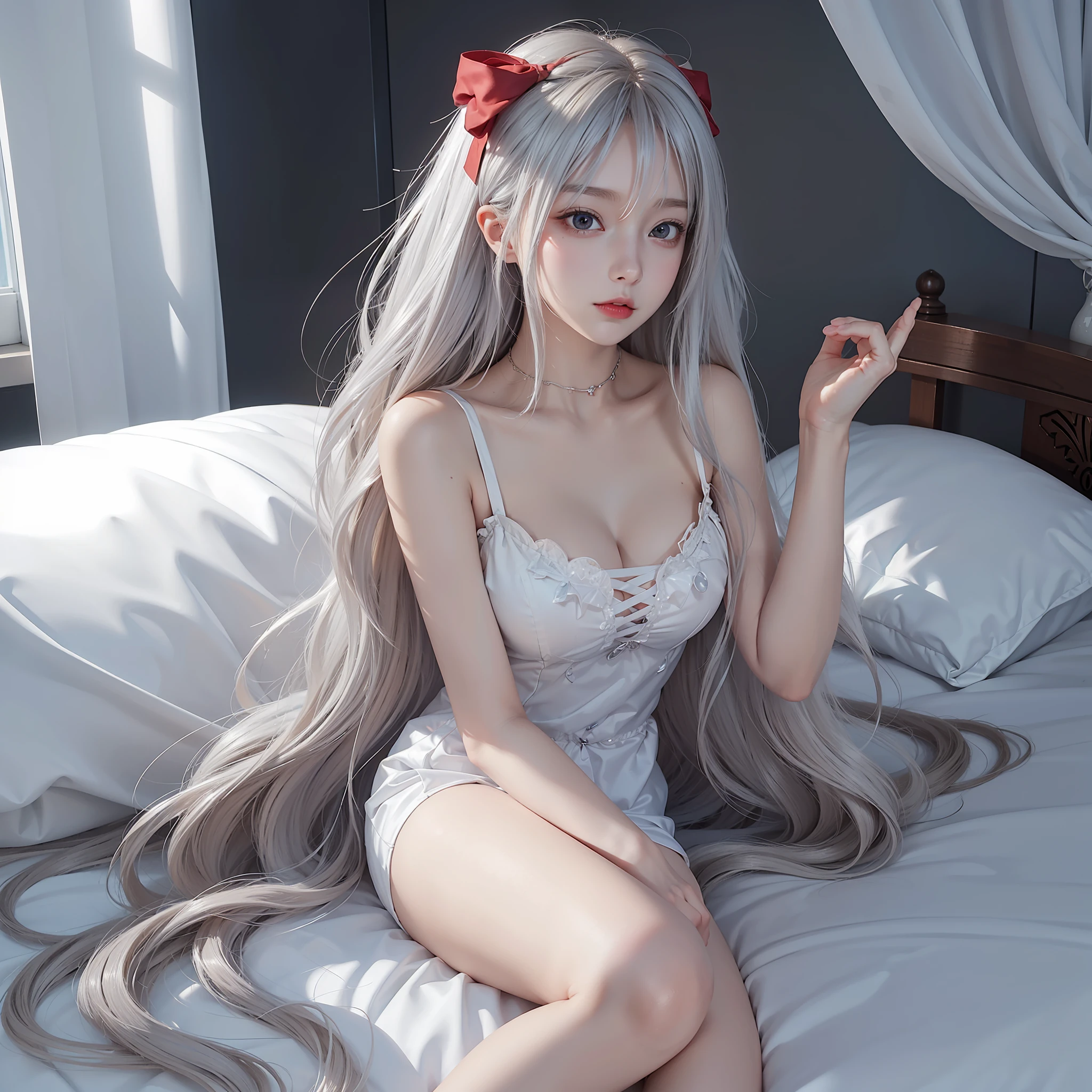 (masterpiece:1.1), (detailed:1.1), ((1girl)), (8k), medium breasts, anime girl with long silver hair laying on a bed, perfect platinum haired girl, seductive anime girl, girl with platinum hair, beautiful anime girl, photorealistic anime, realistic young anime girl, hyper realistic anime, realistic anime 3 d style, attractive anime girl, smooth anime cg art, anime girl, beautiful anime woman, silver haired, dress white, (brown eyes), (red bow), (cute face), rosy cheeks, (detailed face), (detailed eyes), (look like sinestrea arena of valor), (sinestrea from arena of valor), (beautiful face), full body shot, skin white, (eye left blue), (eye right brown)