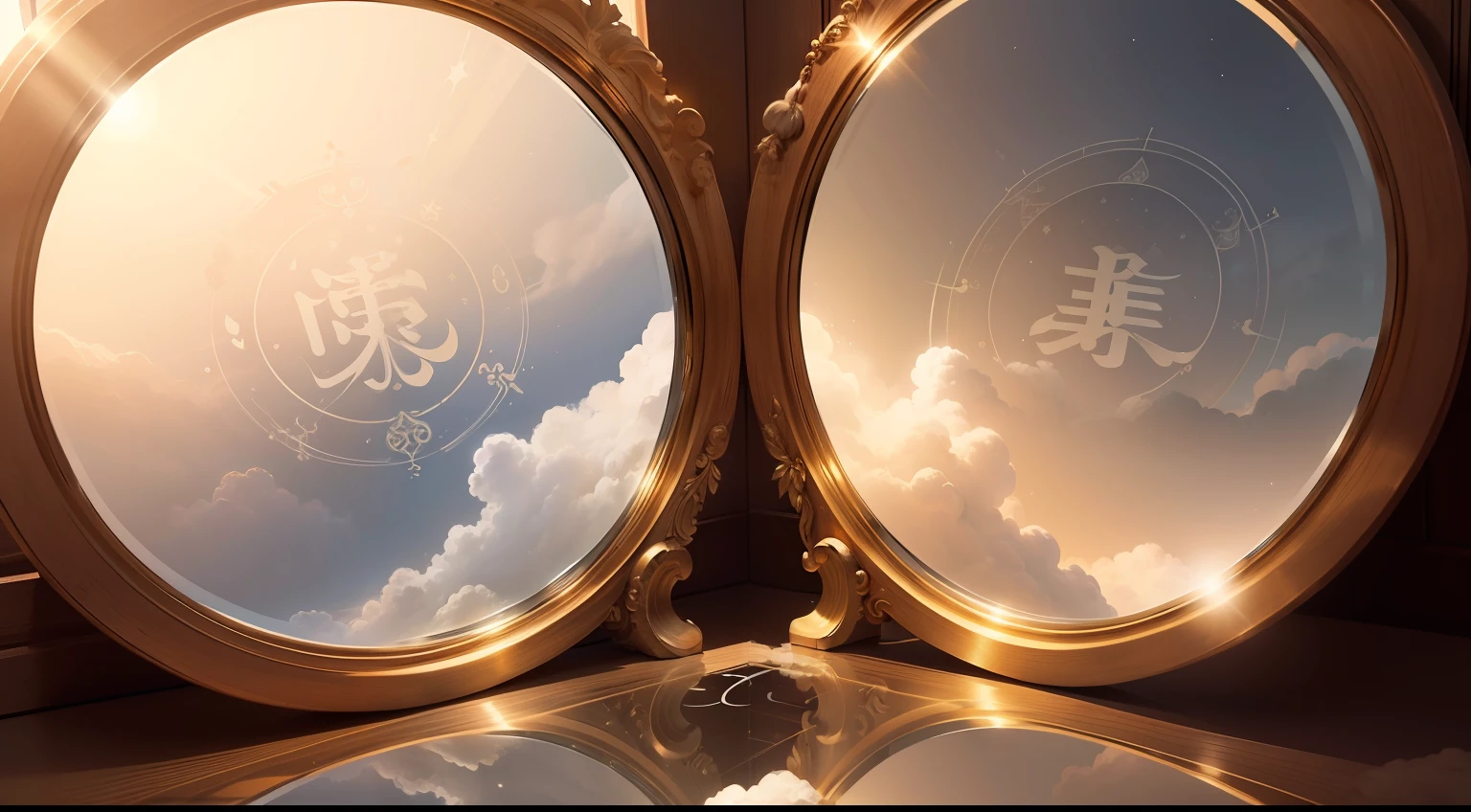 Zen symbol, made of clouds, celestial background, mirror reflection of Great Central Sun, "I AM" engraved on the mirror's frame