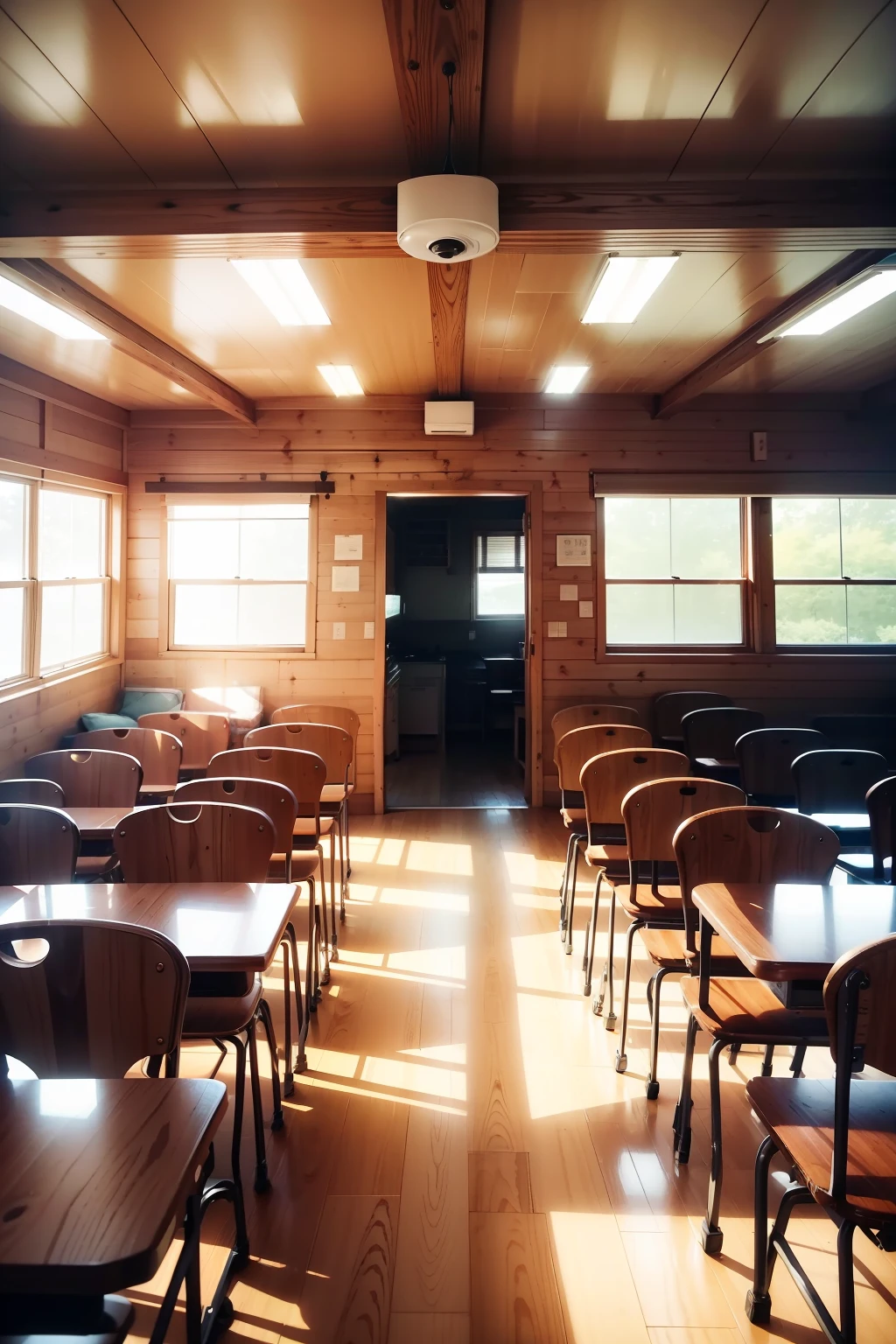 This room features many tables and chairs with ceiling fans, interior setting, Wide-angle lens of the cabin interior, a wide full shot, classroom in background, rows of canteen in background, inside of a cabin, central image, indoor, Wooden interior, large open room, cavernous interior wide shot, interiors, a long-shot from front, wide long view，hiyao miyazaki