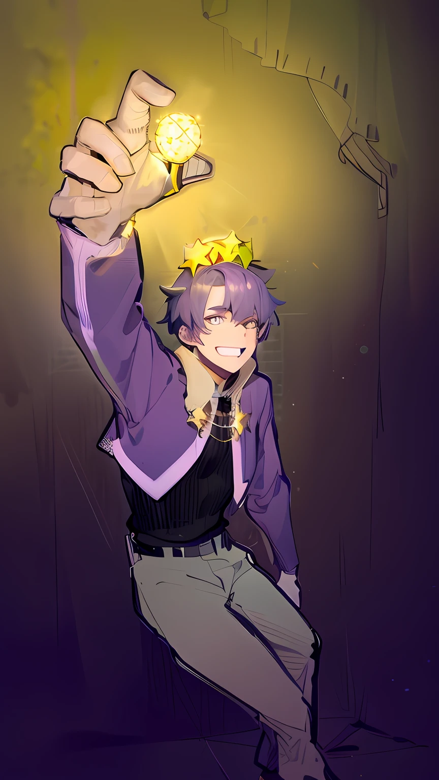A man with short hair lowered his head，Holding a glowing star in his hand。，Overlooking，The environment is dark，full bodyesbian，Purple attire，Birthday crown