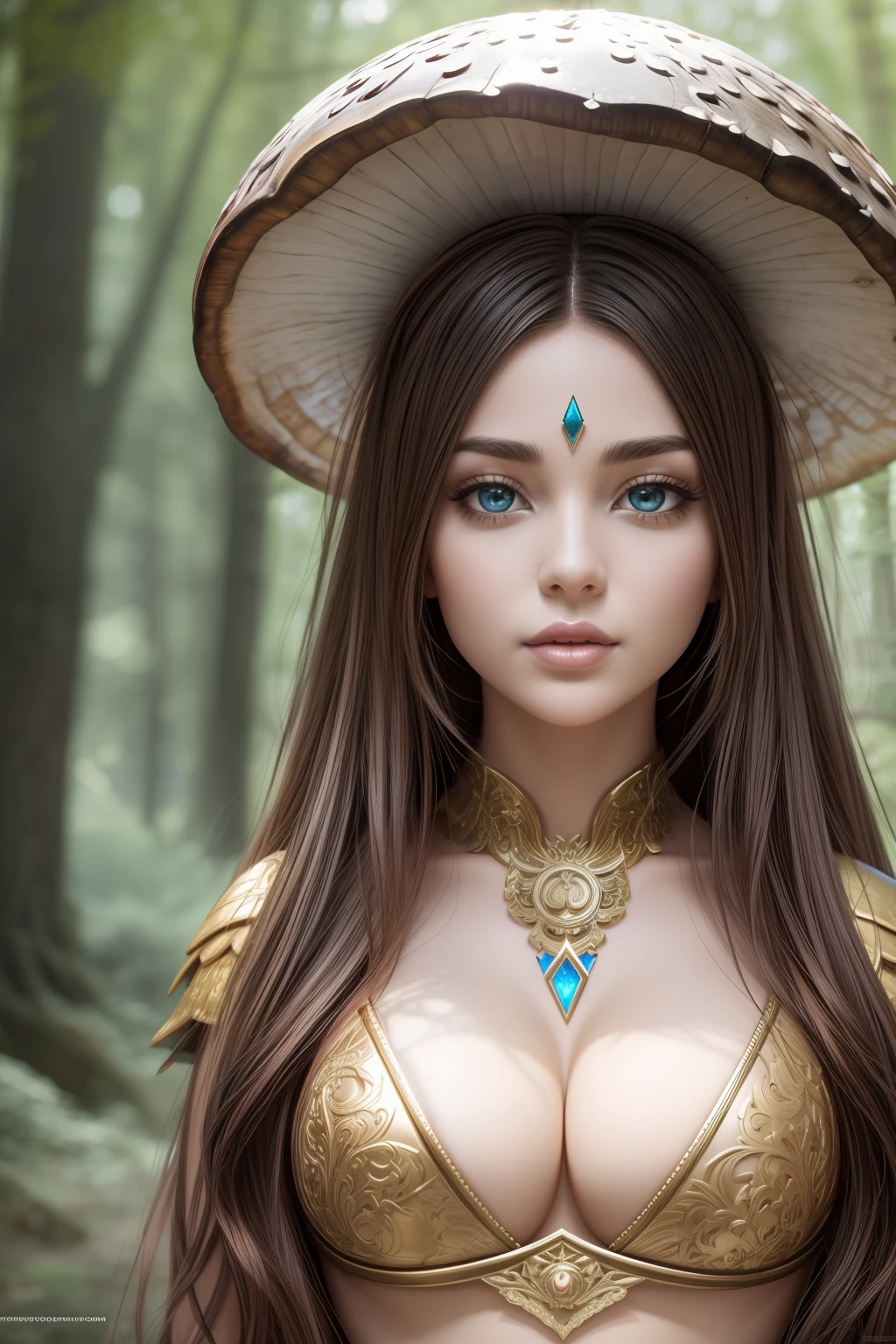 stunning girl, wearing a two piece fantasy outfit, ((huge bust)), long hair, mushroom fantasy world, camera, symmetrical eyes, symmetrical face, photorealistic, photography, path tracing, specular lighting, volumetric face light, path traced hair, visible shadows, intricate, elaborate, fantasy