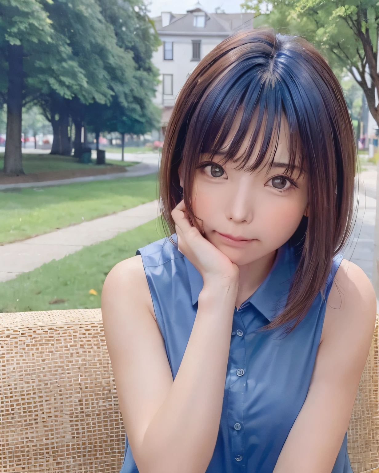 Best Quality, Photorealistic, 8K, hight resolution, fulcolor, 1girl in, Woman, 20yr old female, (Closed mouth:1.73), (Skindentation), (Portrait:0.6), Trees, park bench, Daylight, ((Park background:1.52)), fulcolor, ((Sleeveless Blue Shirt:1.58)), Looking at Viewer:1.8, (1girl eyes looking at viewer:1.55), (Medium Hair, brawn hair, parted hair:1.45), (Bokeh),