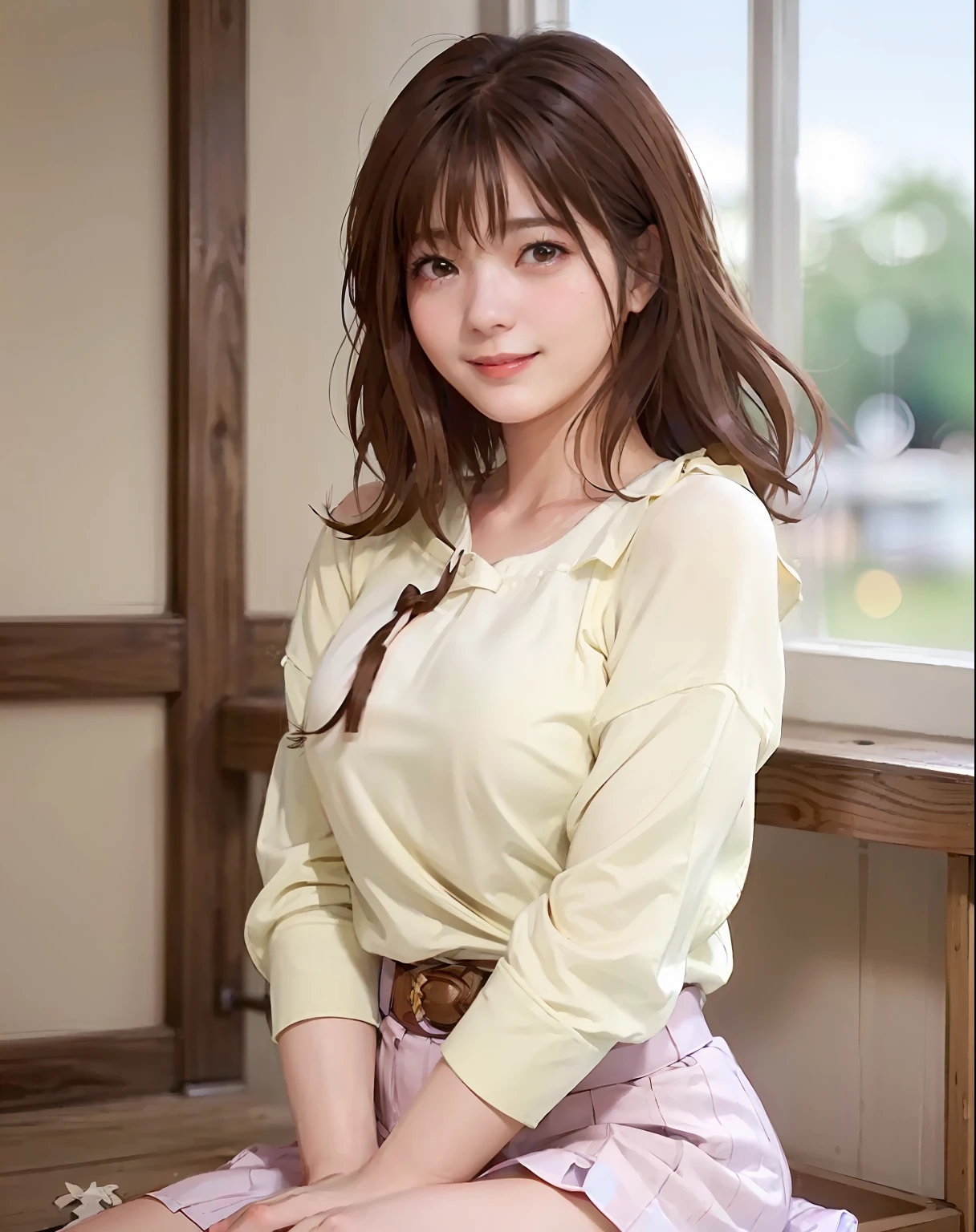 top-quality、Photorealsitic、8K、hight resolution、女の子 1 人、femele、(large full breasts)、(profetional lighting、bokeh dof)、(Street)、(Brown hair:2.0)、(blouse:1.5)、a gorgeous、(Floating hair)、Braided hair、(dynamicposes:1.2)、softlighting、(masutepiece, top-quality:1.1), (ultra-detailliert :1.2), (hyper realisitic:1.35), (Photorealsitic:1.45), (Realistic:1.4), [Cowboy Shot], (Soft lighting), 1 beautiful Japanese girl, 20 years old, super model, Japanese Idol, (Smile), Large breasts, (sweat skin:1.2), (School uniform:1.2), (sitting on ground:1.1), Spread legs