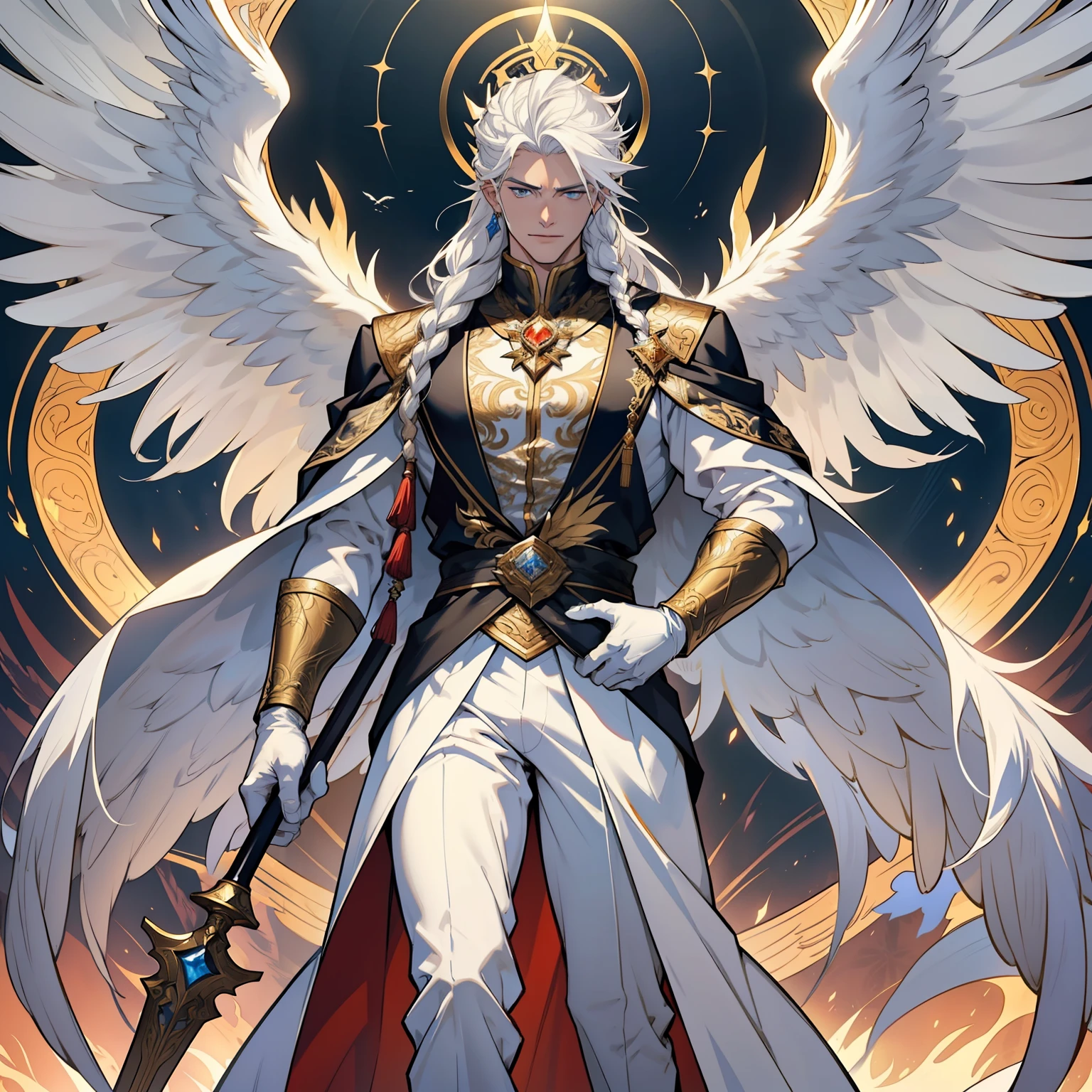 Caius is a handsome male, standing at 7 ft tall, he wears gold and white royal attire. His hair is long and white braided to the side. His eyes are golden brown. He has huge white wings. White Phoenix human form. Big bulge in pants. Detailed hands. Detailed body. Muscular male. He wears white clothes and holds a staff. White gloves