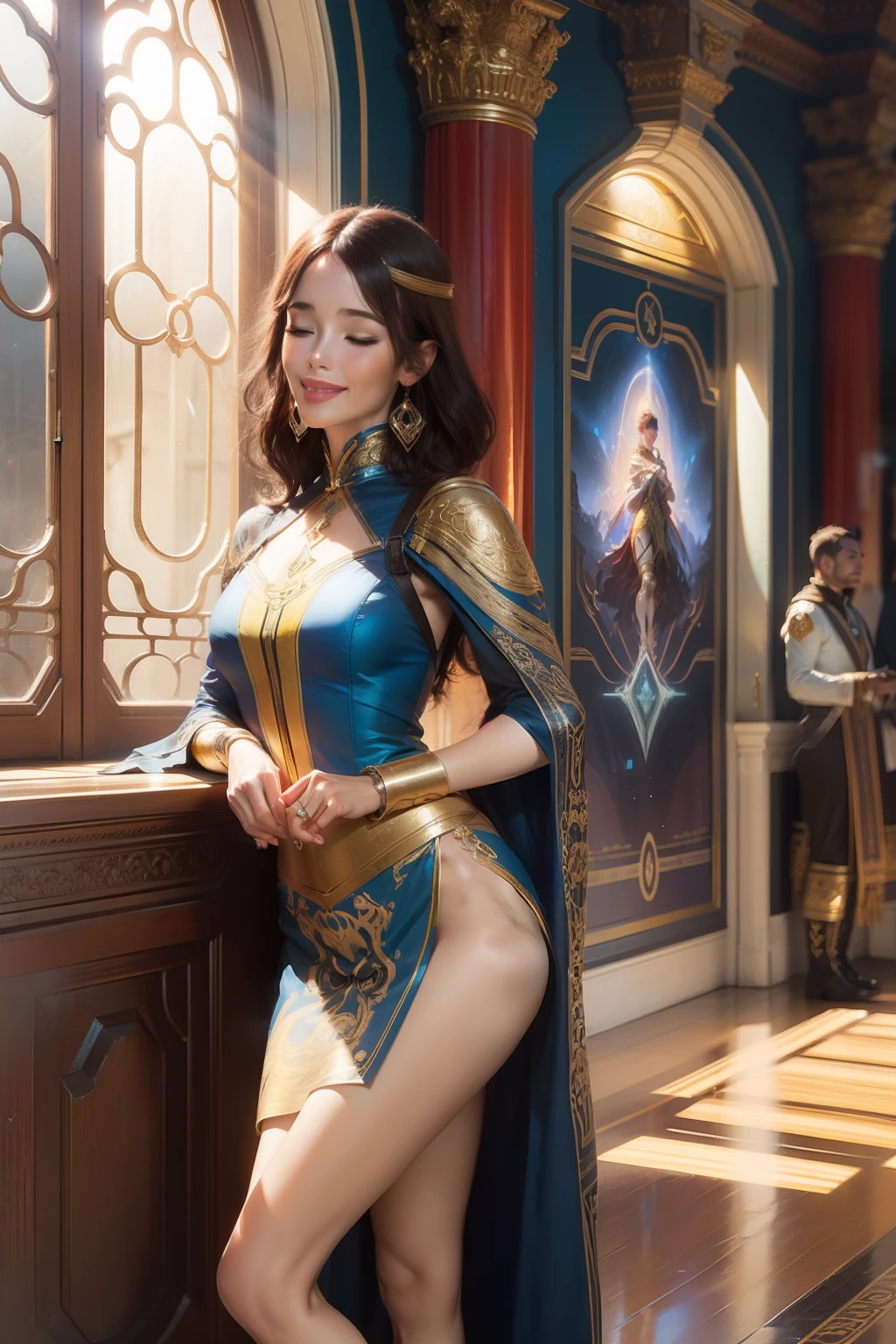 A beautiful Latin woman, full body, looking at the audience, symmetrical, eyes closed, smiling slightly, spiritual awakening, intricate details, cosmos, ethereal, mysterious, complex environments, brushstrokes, lights, Greg Rutkowski, RHADS, Beeple, Makoto Shinkai, Lois van Baarle, Ilya Kuvshinov, Rossdraws, Tom Bagshaw, Alfonse Mucha , masterpiece, super high resolution, high quality,