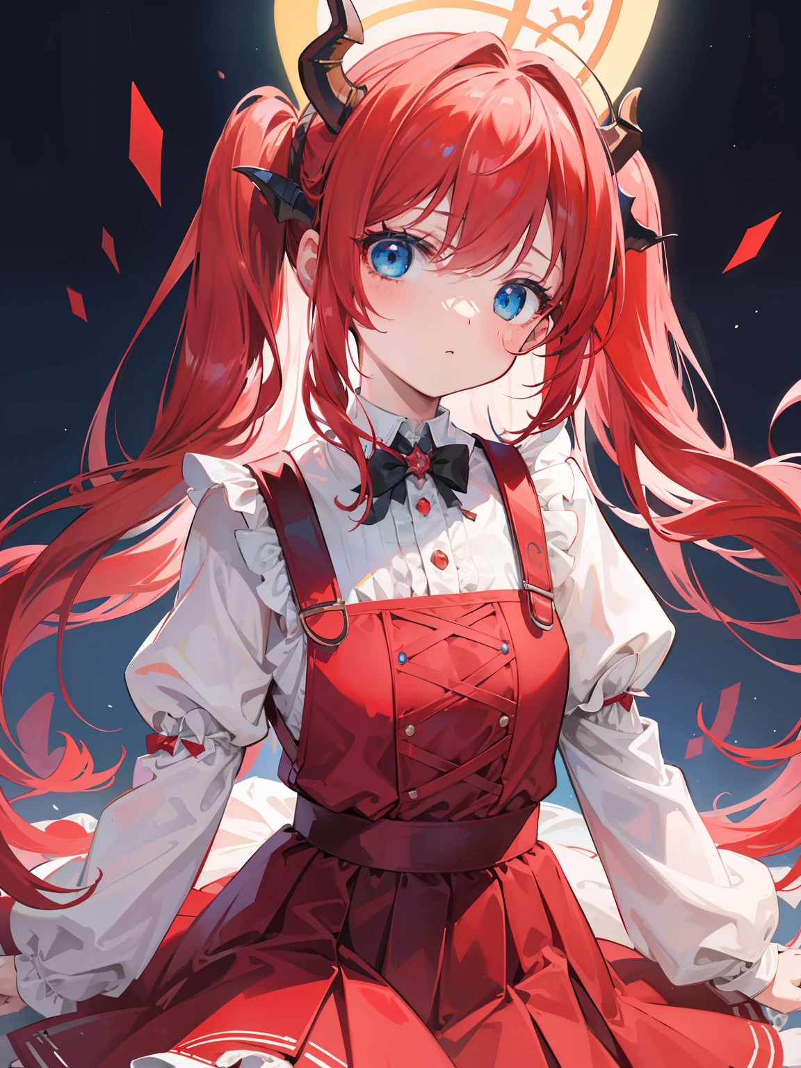{{best quality}}, {{masterpiece}}, {{ultra-detailed}}, {illustration}, {detailed light}, red hair,blue eyes,twintails,ta,Suspenders skirt,Fantastic,lolio,Dragon horns,little gir
