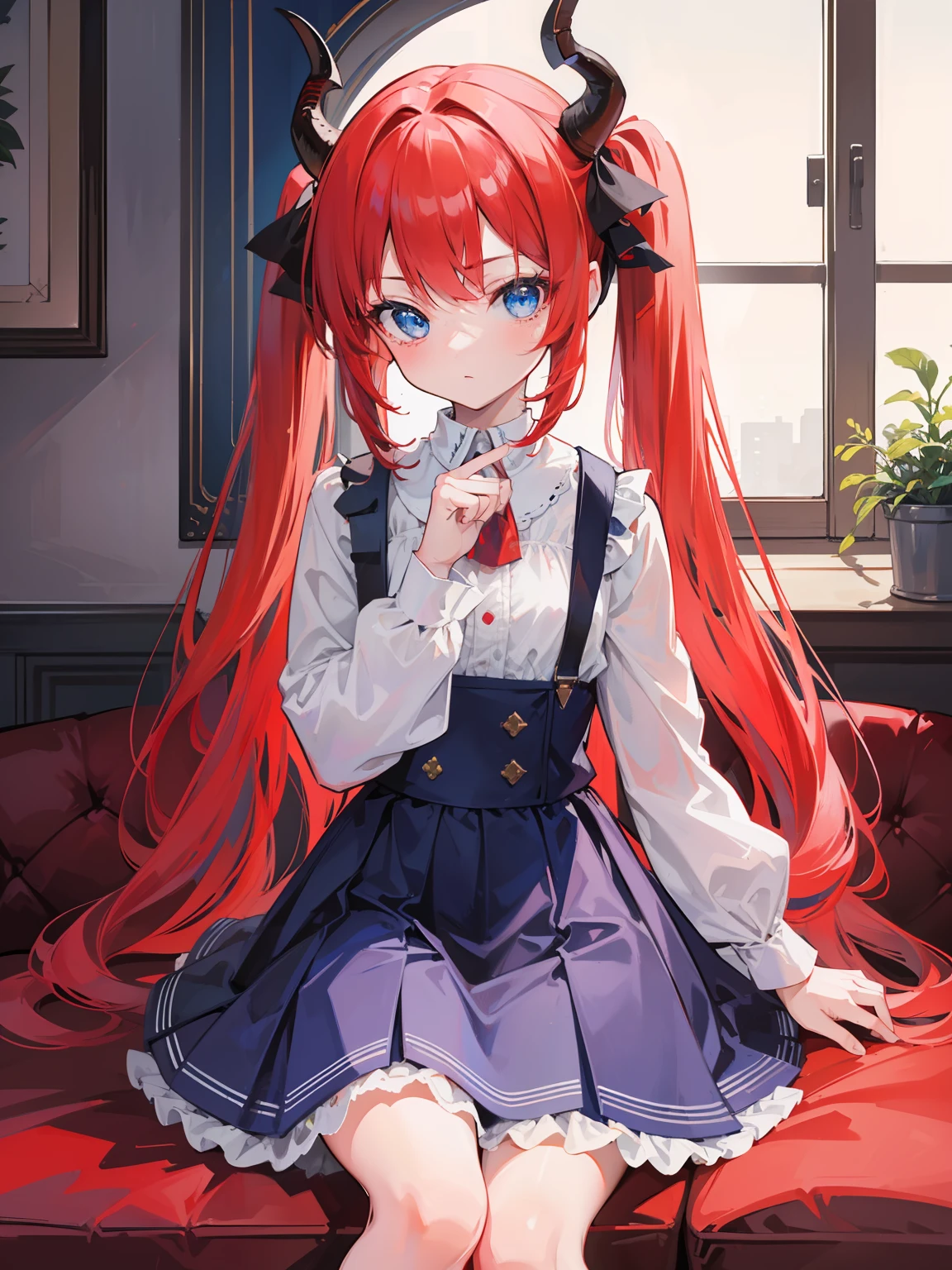 {{best quality}}, {{masterpiece}}, {{ultra-detailed}}, {illustration}, {detailed light}, red hair,blue eyes,twintails,lolita,Suspenders skirt,Fantastic,loli,solo,Dragon horns,little girl,long hair