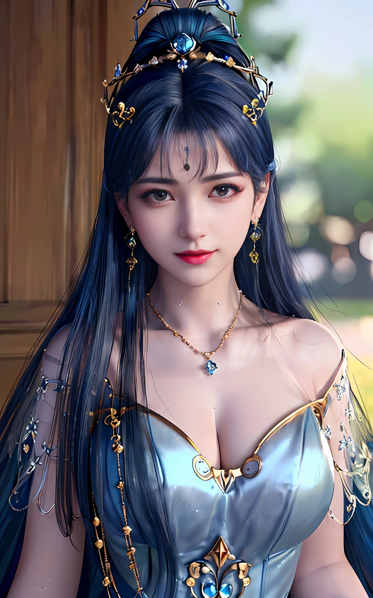 ((realisticity: 1.2)), ((best resolution: 8K UHD)), best quality,masterpiece,highres,cg, ((1 super detailed and super realistic girl)), ((very beautiful queen dazzling, super realistic, and super detailed)),((white skin, beautiful, smooth, youthful, super realistic and super detailed )), long hair, ((super realistic and super detailed dress)), solo, ((super realistic, super beautiful, gorgeous and super detailed jewelry)), ((super beautiful, super realistic and super detailed dark blue and golden yellow dress)), ((super beautiful, super realistic, super detailed diamond filled earrings)), ((super beautiful, super realistic and super detailed diamond filled hair ornament)), ((super beautiful upper body, super beautiful, super realistic and super detailed)), ((big breasts: 2.5)), ((super grand, super realistic and super detailed royal palace backgroun)) ((super beautiful, super beautiful, super realistic and super detailed hair bun)), ((super beautiful, super realistic and super detailed blue hair)), candid, Photograph, high resolution, 8k,Bokeh,
