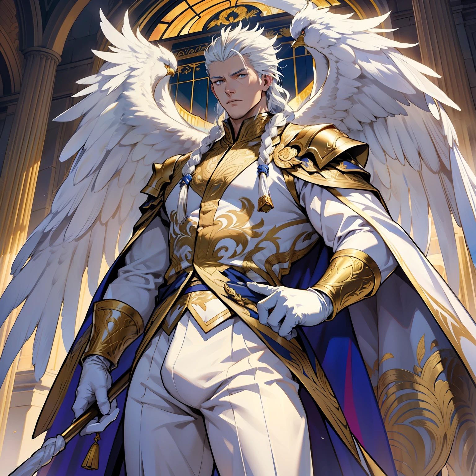 Caius is a handsome male, standing at 7 ft tall, he wears gold and white royal attire. His hair is long and white braided to the side. His eyes are golden brown. He has huge white wings. White Phoenix human form. Big bulge in pants. Detailed hands. Detailed body. Muscular male. He wears white clothes and holds a staff. White gloves