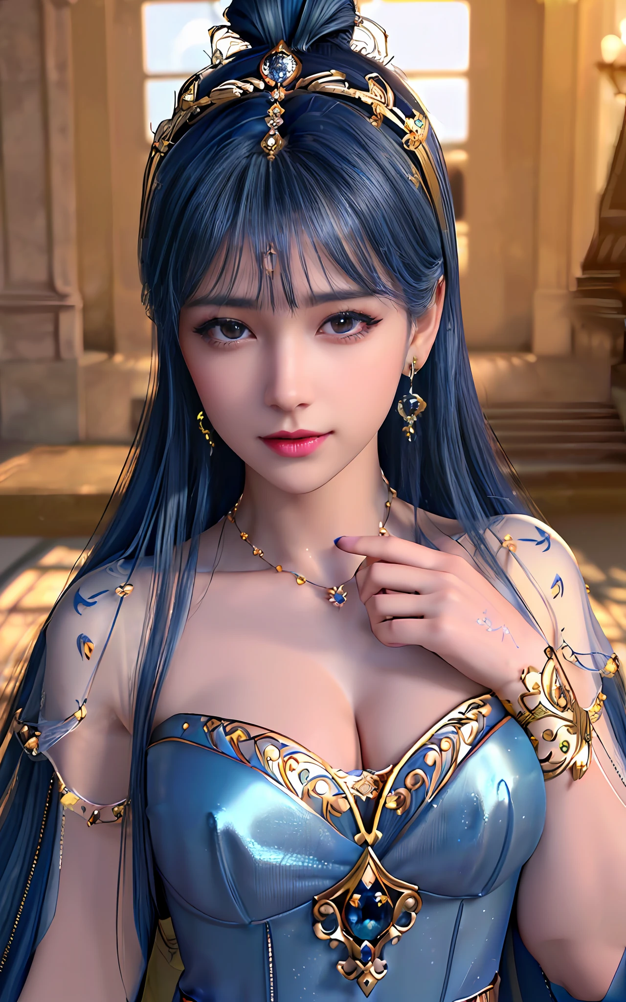 ((realisticity: 1.2)), ((best resolution: 8K UHD)), best quality,masterpiece,highres,cg, ((1 super detailed and super realistic girl)), ((very beautiful queen dazzling, super realistic, and super detailed)),((white skin, beautiful, smooth, youthful, super realistic and super detailed )), long hair, ((super realistic and super detailed dress)), solo, ((super realistic, super beautiful, gorgeous and super detailed jewelry)), ((super beautiful, super realistic and super detailed dark blue and golden yellow dress)), ((super beautiful, super realistic, super detailed diamond filled earrings)), ((super beautiful, super realistic and super detailed diamond filled hair ornament)), ((super beautiful upper body, super beautiful, super realistic and super detailed)), ((big breasts: 2.5)), ((super grand, super realistic and super detailed royal palace backgroun)) ((super beautiful, super beautiful, super realistic and super detailed hair bun)), ((super beautiful, super realistic and super detailed blue hair)), candid, Photograph, high resolution, 8k,Bokeh,