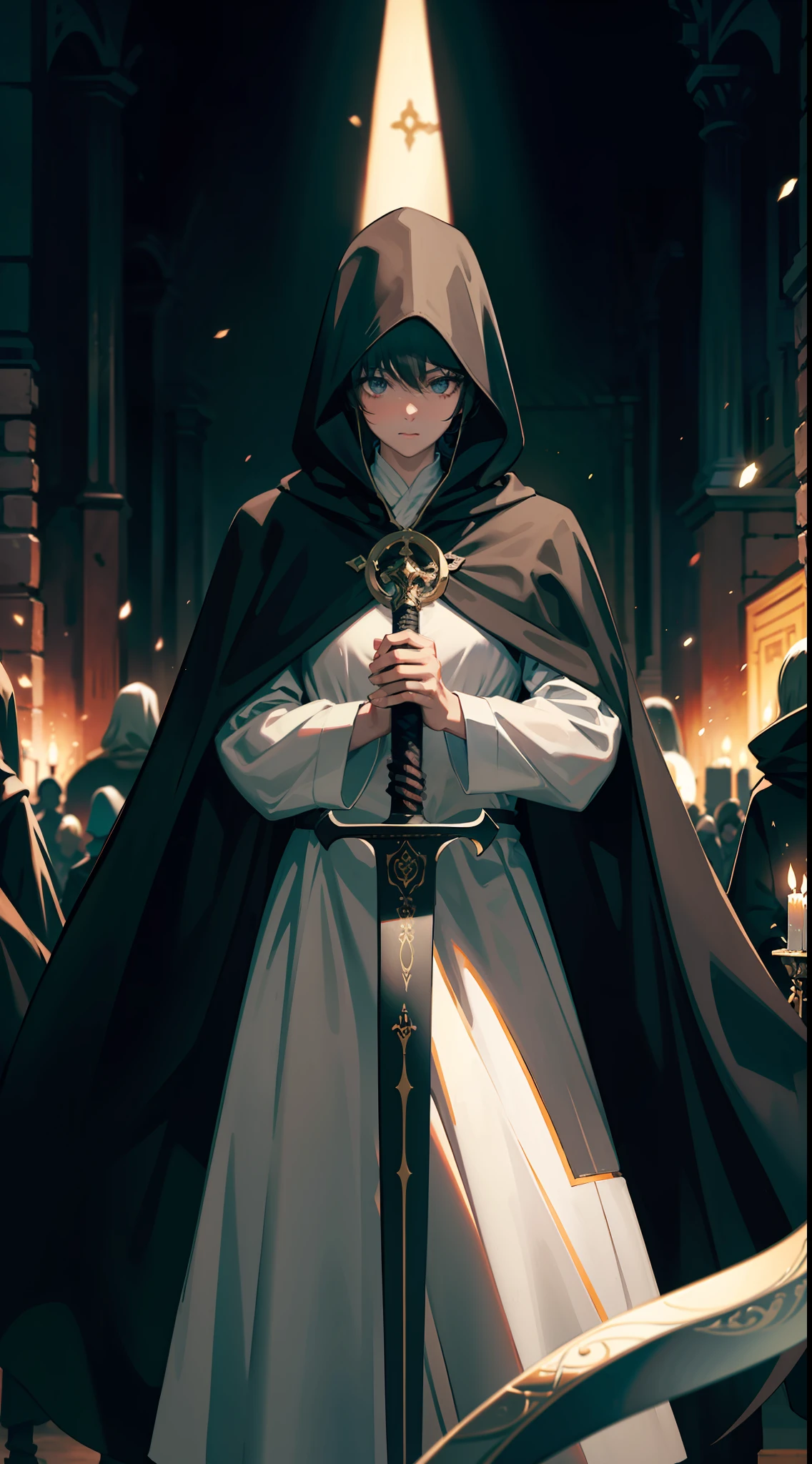 Cinematic light,Best Picture Quality,Kizi,a black cloak,holding enormous sword,Look at the audience,Holy,eyes with brightness