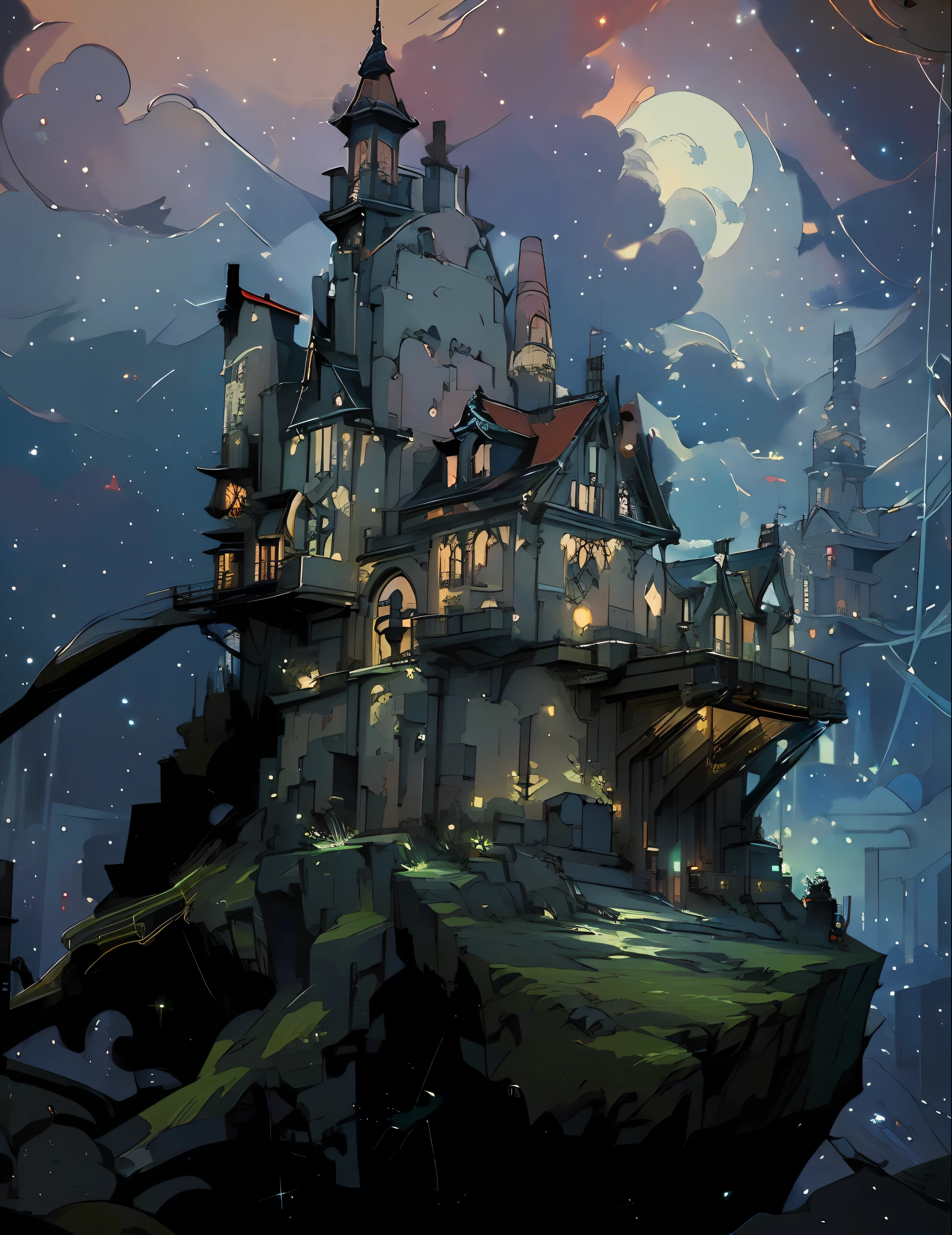 masterpiece, best quality, extremely details, gear, house, night sky, red lights, stars, universe, masterpiece, masterpiece, house, lightings, sci-fi, houses, town on the back, cloud, factory, ((no human))