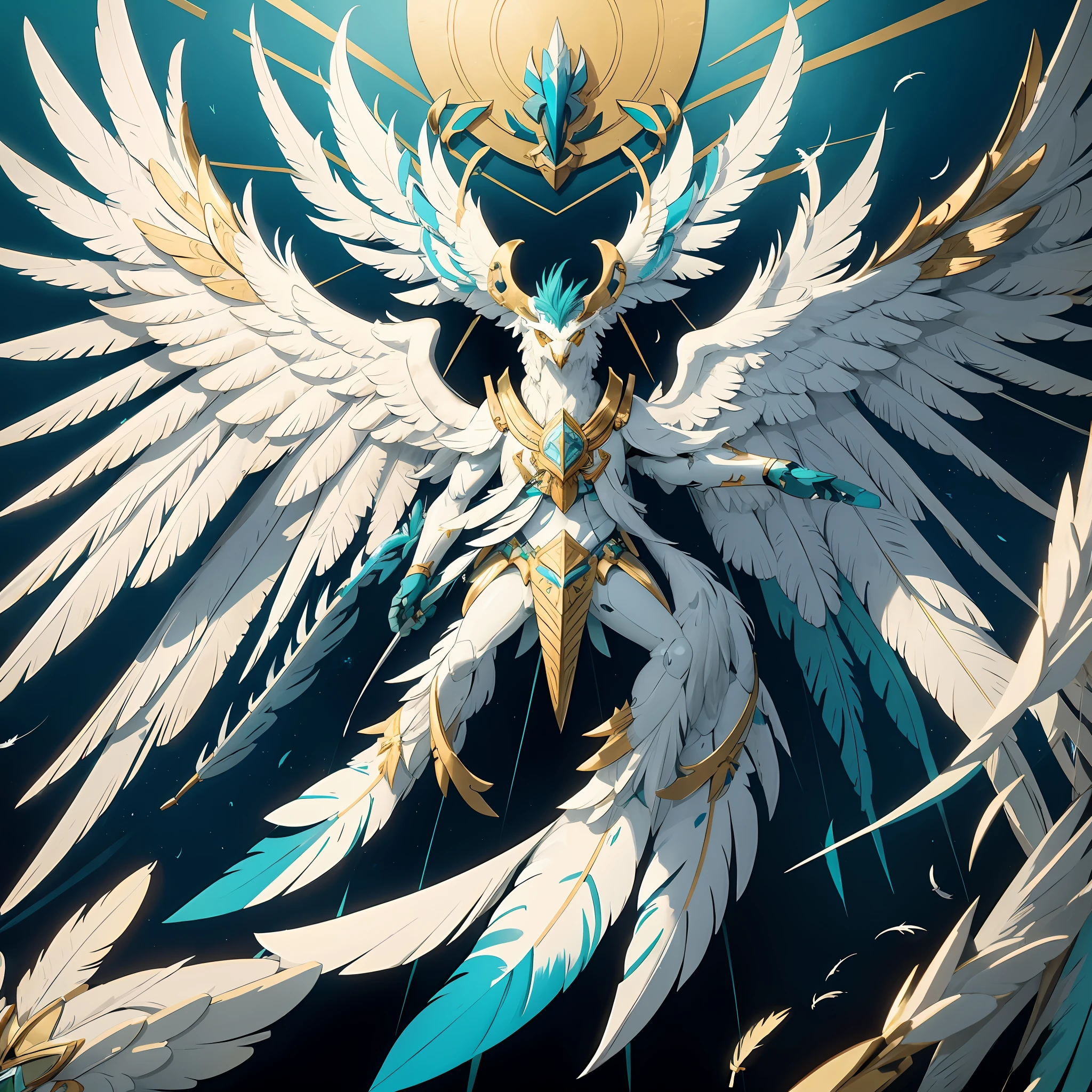 Gryphon, white and navy feathers, wings are mecha with sea-green tips, vivid blue armor with gold markings , best quality, masterpiece