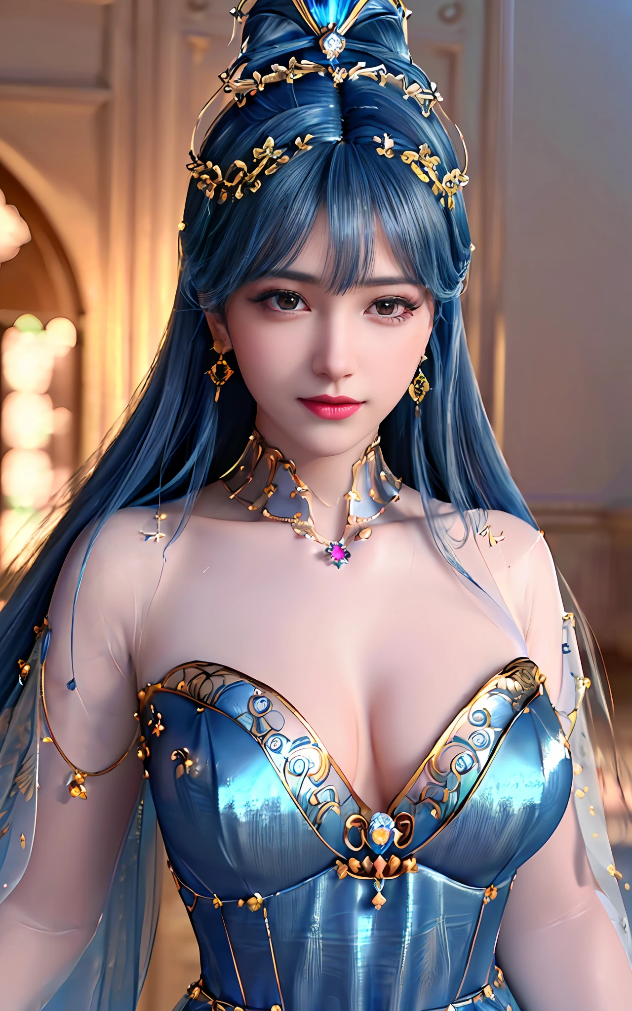 ((realisticity: 1.2)), ((best resolution: 8K UHD)), best quality,masterpiece,highres,cg, ((1 super detailed and super realistic girl)), ((very beautiful queen dazzling, super realistic, and super detailed)),((white skin, beautiful, smooth, youthful, super realistic and super detailed )), long hair, ((super realistic and super detailed dress)), solo, ((super realistic, super beautiful, gorgeous and super detailed jewelry)), ((super beautiful, super realistic and super detailed dark blue and golden yellow dress)), ((super beautiful, super realistic, super detailed diamond filled earrings)), ((super beautiful, super realistic and super detailed diamond filled hair ornament)), ((super beautiful upper body, super beautiful, super realistic and super detailed)), ((big breasts: 2.5)), ((super grand, super realistic and super detailed royal palace backgroun)) ((super beautiful, super beautiful, super realistic and super detailed hair bun)), ((super beautiful, super realistic and super detailed blue hair)), candid, Photograph, high resolution, 8k,Bokeh,