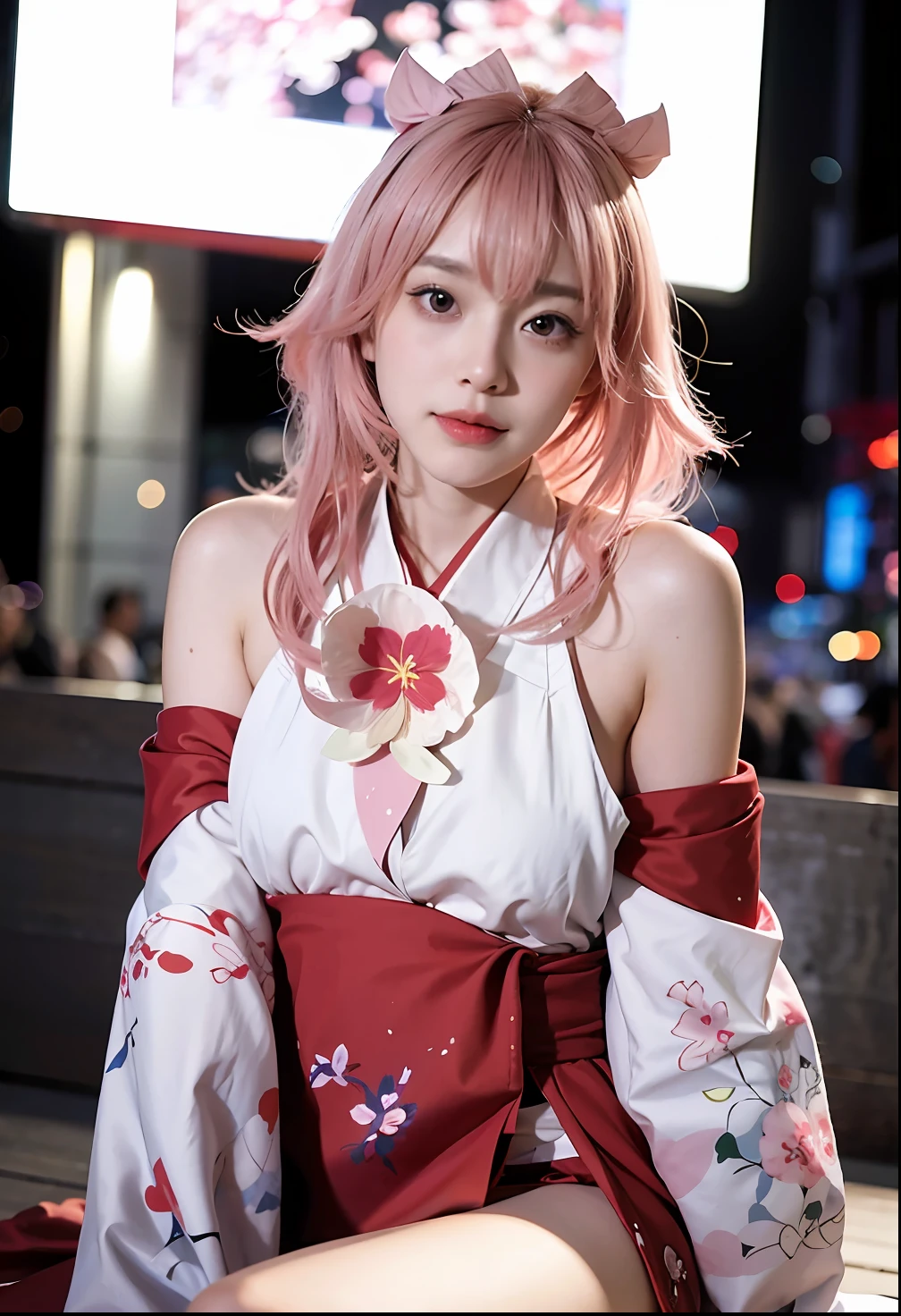 araffe dressed in a kimono outfit sitting on a bench, anime girl cosplay, anime cosplay, ayaka cosplay, haruno sakura, sakura petals around her, sakura kinomoto, cosplay photo, cosplay, professional cosplay, anime style mixed with fujifilm, cosplayer, kasumi arimura style 3/4, inspired by Eizan Kikukawa