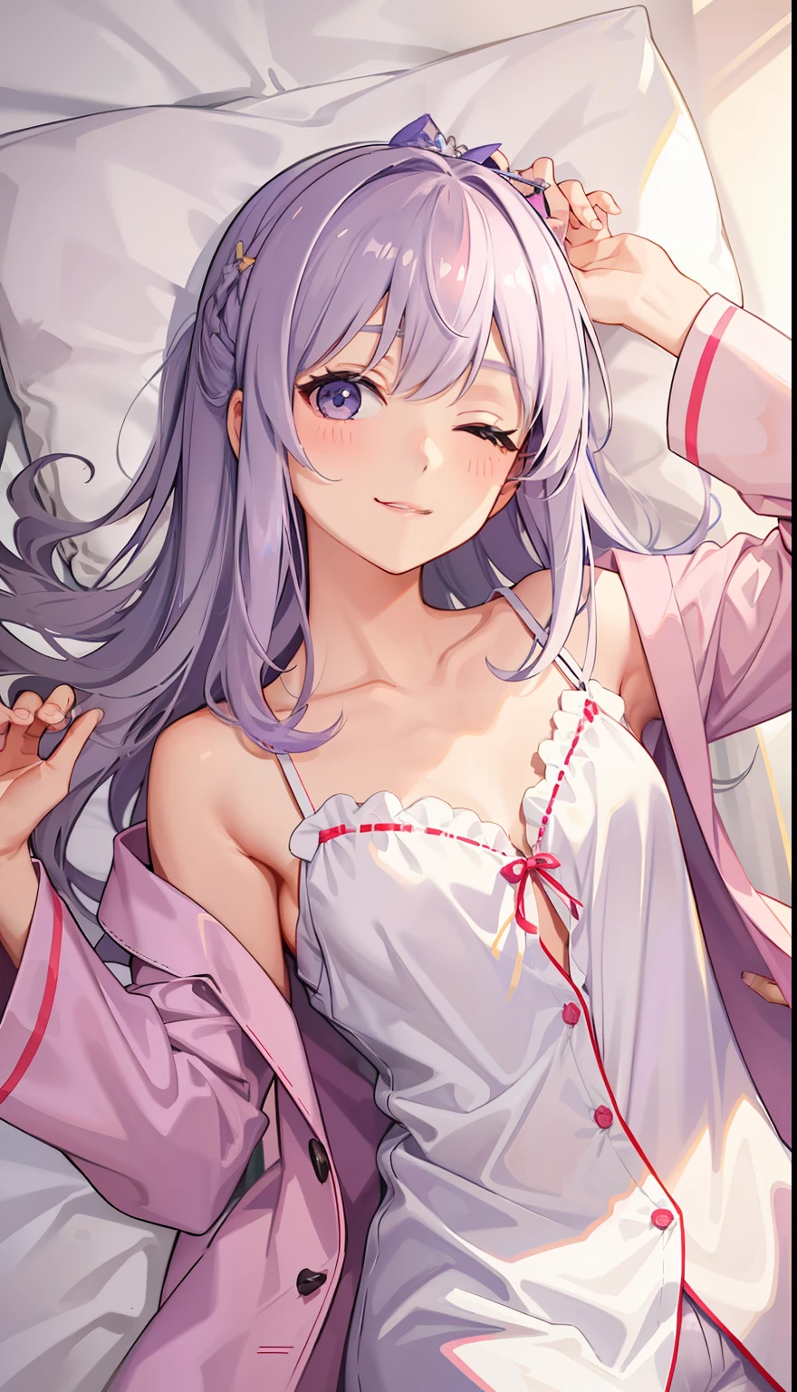 1girl in、A smile、A delightful!　Cute pajamas、dressing gown、（small tits）、Sleeping in large letters、Upper body portrait、