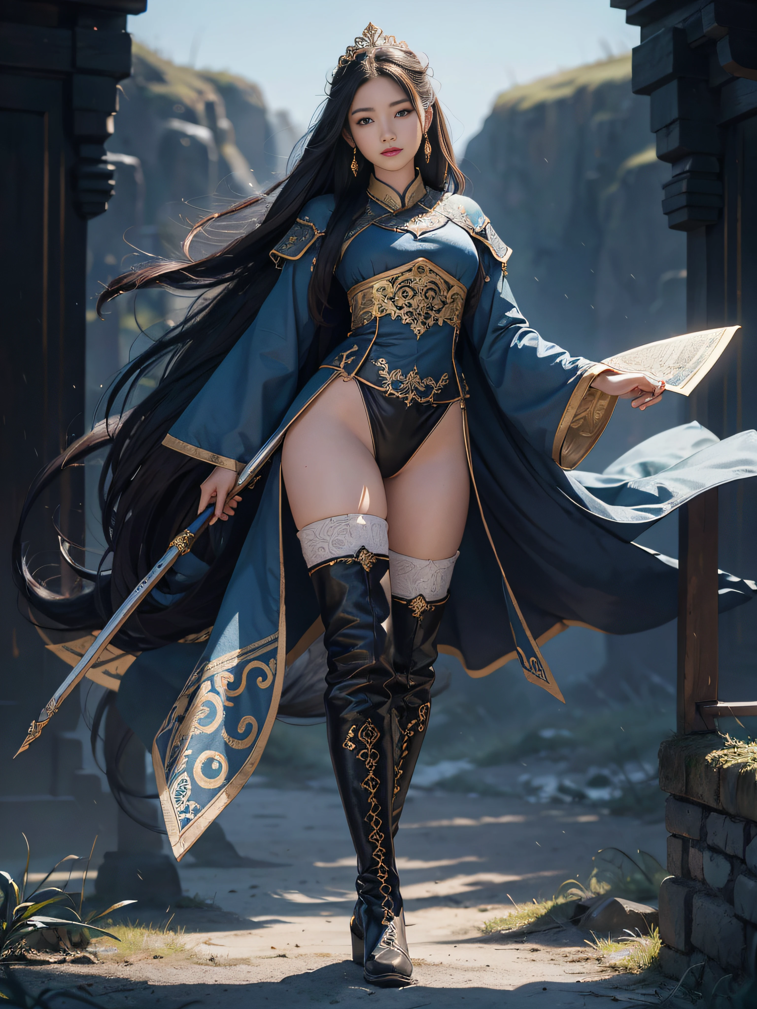 Royal sister，Big sister type，Oriental women，gallant woman，Cold sass，,tmasterpiece,A high resolution,,Absolutely beautiful,，are standing，Queen temperament，exquisitedetails,A high resolution,Wallpapers,1female,独奏,，enchanted、Raised sexy， Rich expressions， trinkets,Fluttering, Hanfu,,long trousers，Long boots，Reveal the appearance of long boots，Show stockings，over knee socks，embroidery, natural poses,standing on your feet， Fanning，16K，HDR，A high resolution，depth of fields，Bocoon，prime time，Vignette，rainbowing，（Wide buttock：1.4），（Thick legs：1.4）