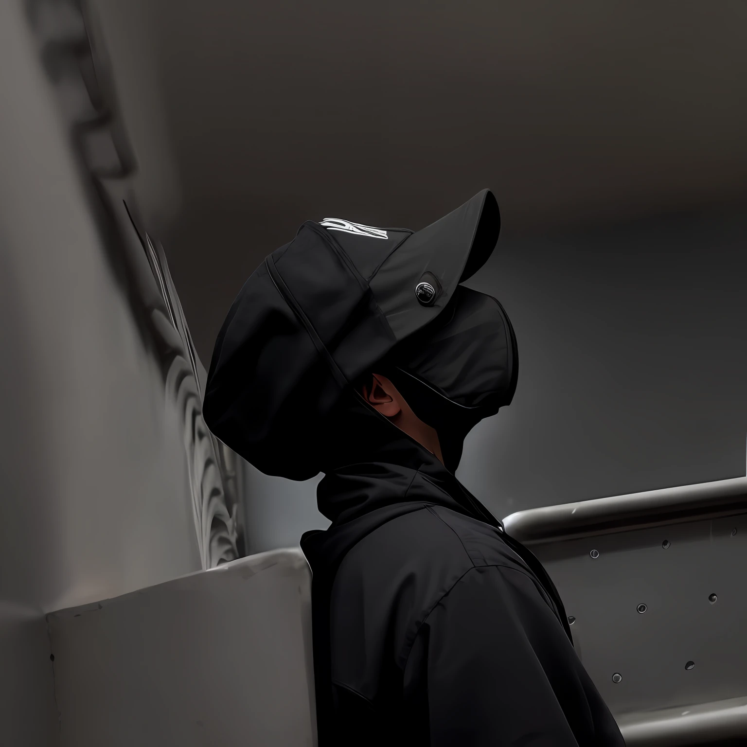 there is a man wearing a black hat and a black jacket, dark visor covering face, masked person in corner, lit from the side, hat and hoodie, wearing a dark hood, dark visor covering eyes, dark visor covering top of face, wearing a hood, wearing all black mempo mask, with a covered face, with rap cap on head