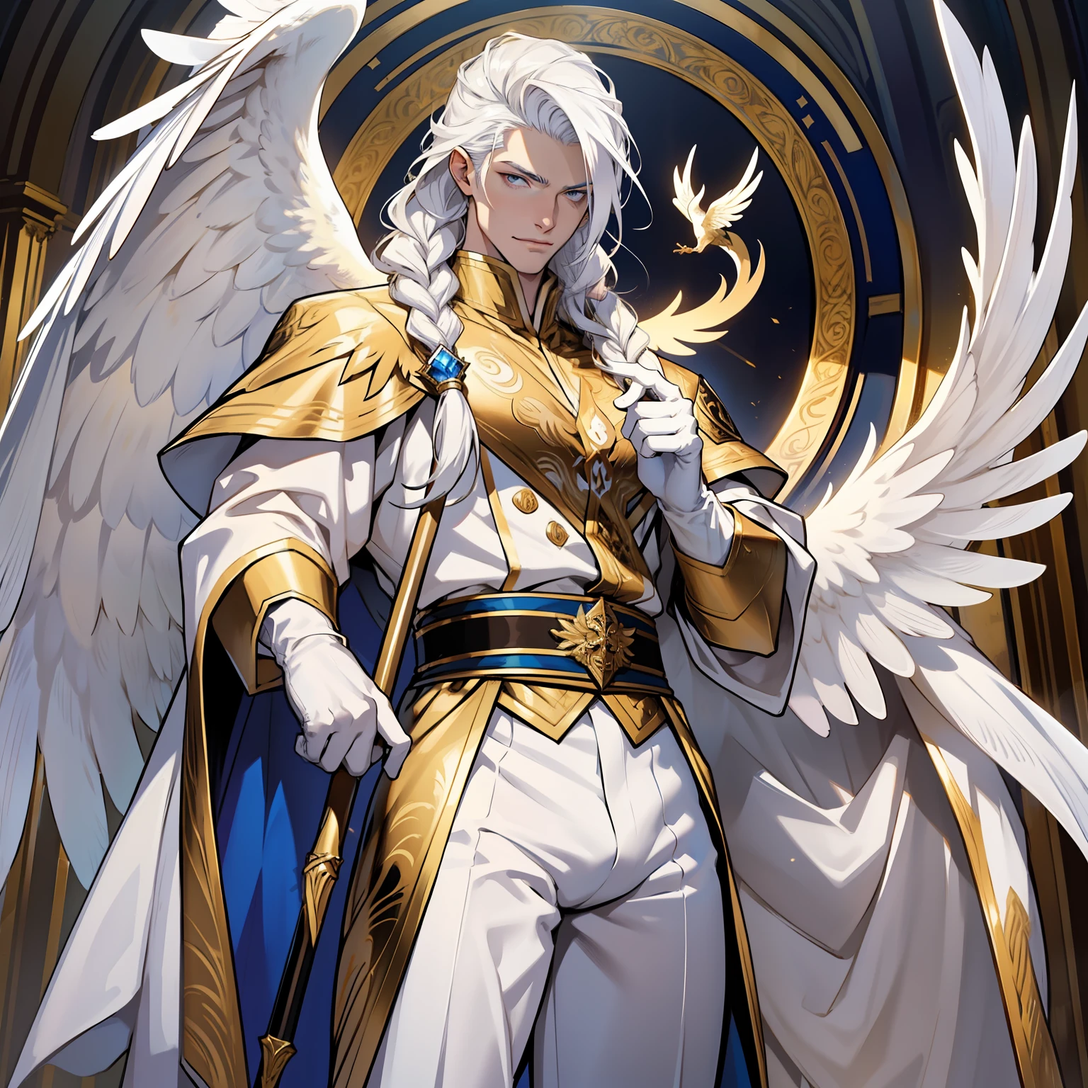 Caius is a handsome male, standing at 7 ft tall, he wears gold and white royal attire. His hair is long and white braided to the side. His eyes are golden brown. He has huge white wings. White Phoenix human form. Big bulge in pants. Detailed hands. Detailed body. Muscular male. He wears white clothes and holds a staff. White gloves