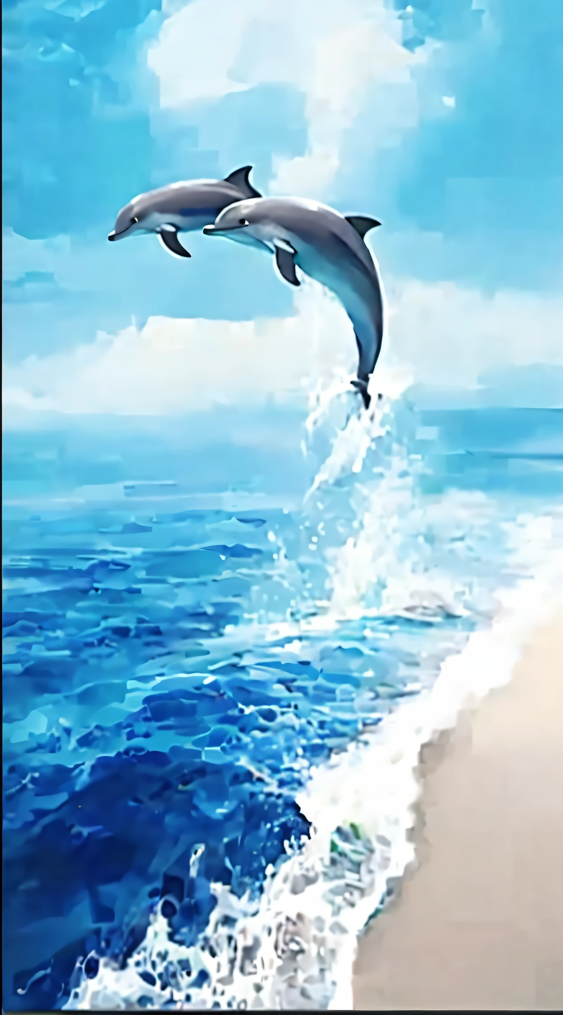 Dolphins jump out of the water on a sunny day, Dolphin jumping, Dolphins, Dolphins swim, F 2 0, dolphins, beautiful painting of a tall, painting of beautiful, Dolphins swim, 240p, On the ocean, HD art, inspiring art, F32, F 3 2, high quality art, Beautiful masterpiece, artsation 4 k, Water painting