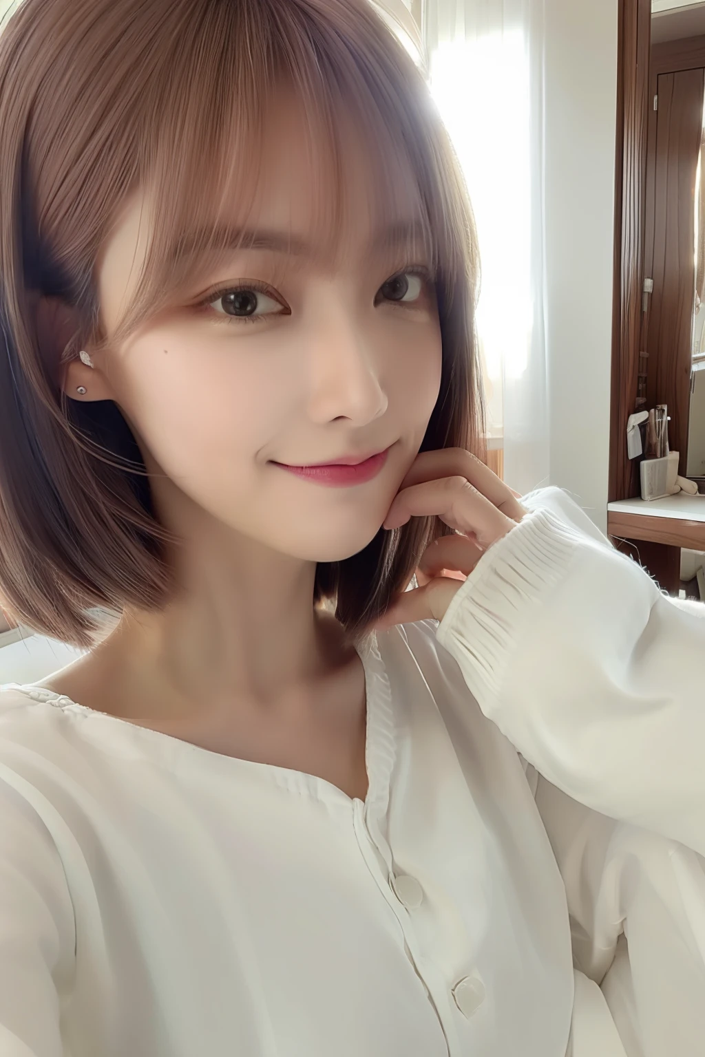 Close-up portrait of a playful maid，Cut your hair short，pyjamas，amazing body，Pronounced femininity，plumw，Bedrooms，[Gray-gold|Turmeric|Pink hair]，pop star，Flirt with the camera，self-shot