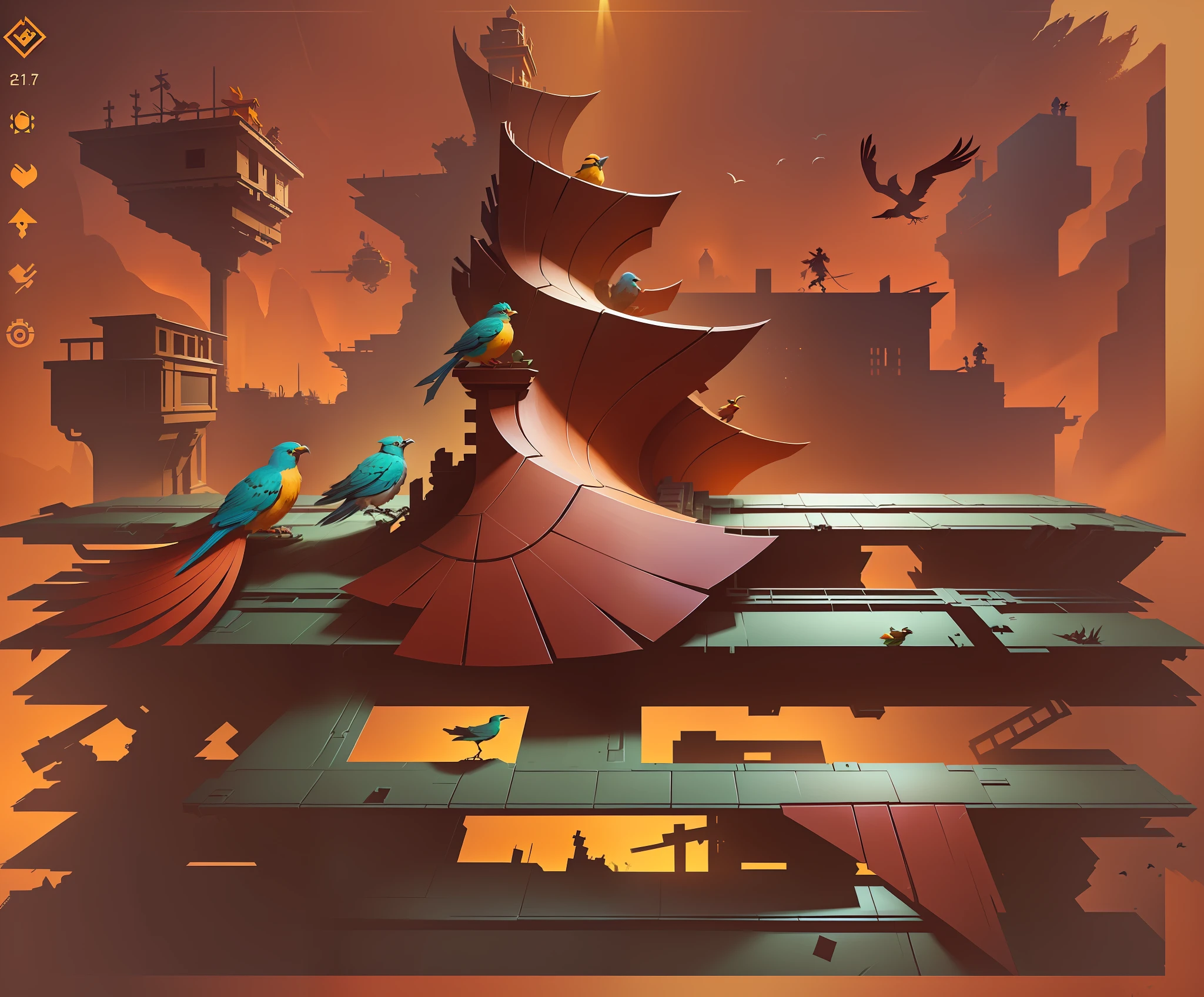 There is a bird and a bird on the shelf, Game illustration, Game art, very coherent stylized artwork, Detailed game art, game screenshot, art for the game, Game concept art, Mobile game art, concept-art, concept-art, indie game concept art, 2D concept art, game concept, concept art for a video game
