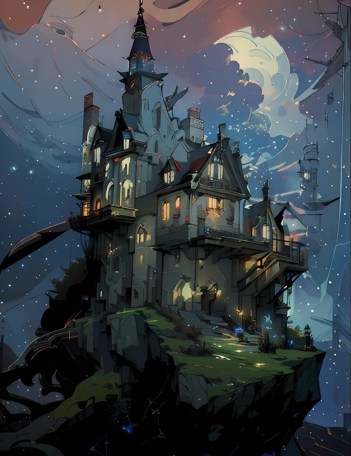 masterpiece, best quality, extremely details, gear, house, night sky, red lights, stars, universe, masterpiece, masterpiece, house, lightings, sci-fi, houses, town on the back, cloud, factory, ((no human))