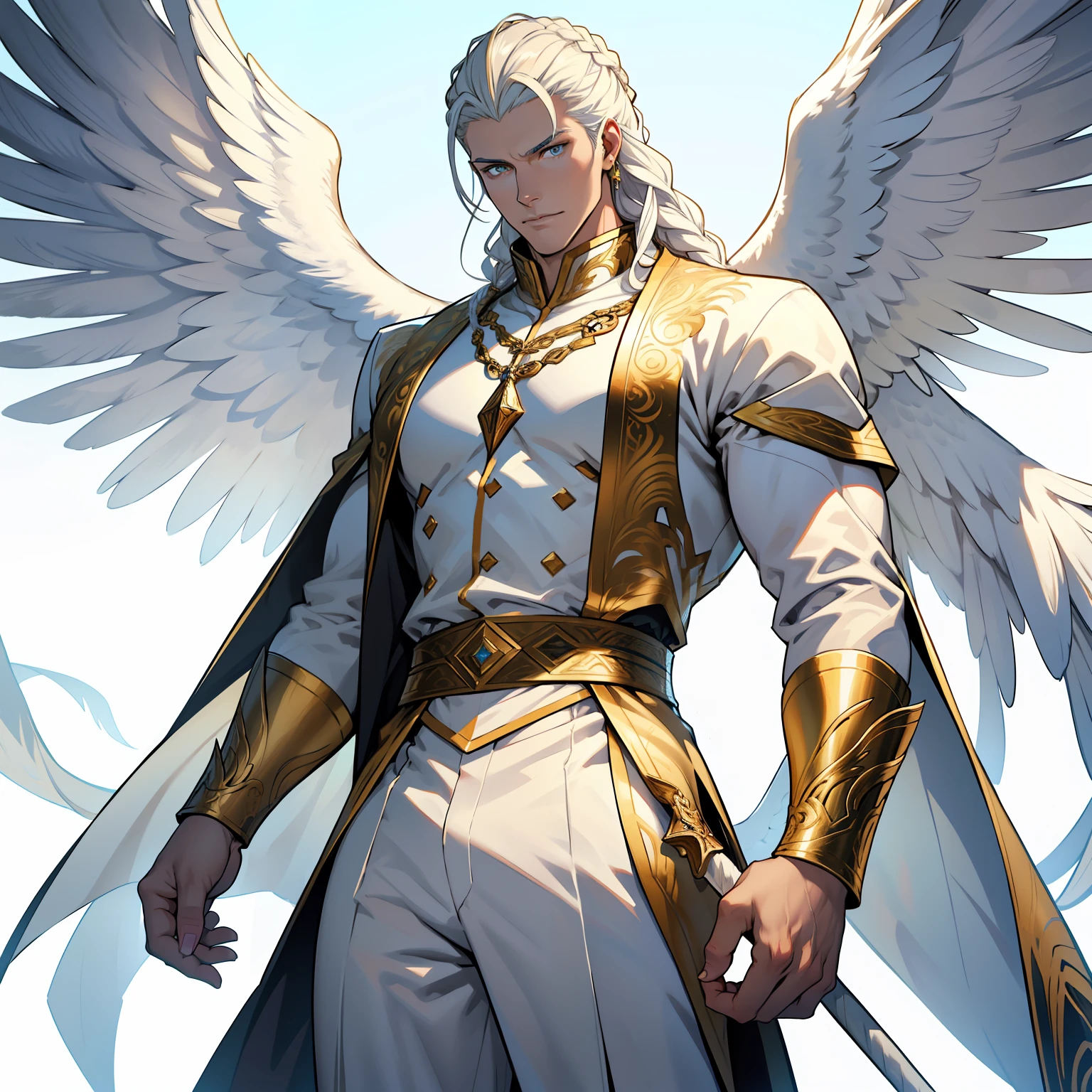 Caius is a handsome male, standing at 7 ft tall, he wears gold and white royal attire. His hair is long and white braided to the side. His eyes are golden brown. He has huge white wings. White Phoenix human form. Big bulge in pants. Detailed hands. Detailed body. Muscular male. He wears white clothes and holds a staff