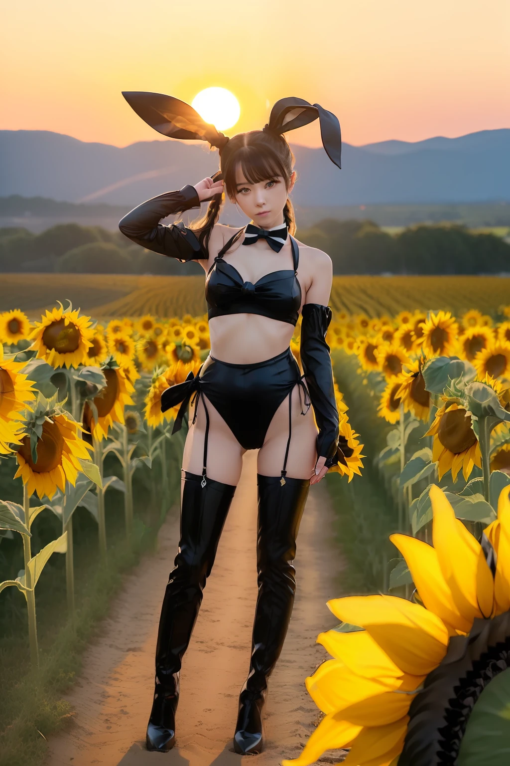 (((Full body focus)))、(((Black Bunny Girl Hair Band)))、(((twintails hairstyle)))、(((Hair that flutters in the wind)))、Photorealsitic、超A high resolution、Convoluted、ultra-detailliert、(dent in the skin)、Cute、Feminine、Detailed body、Medium chest、(A detailed face: 1.1)、(Outline of the iris)、(Hydrocore Lens)、(perfect eyes)、8K、16k、realisitic、Beautiful fece、(masterpiece: 1.2)、(top-quality:1.2)、wide-hips、slenderbody、Black theme、Optimal ratio of 4 fingers to 1 thumb、actionpose、((Enamel Knee High Boots))、((Enamel Long Gloves)) 、(((maikurobikini)))、(((Bunny girl collar and black bow tie)))、(((Accurately depict limbs))))、NSFW、(((Large sunflower field at sunset)))、(((Contre-Jour)))