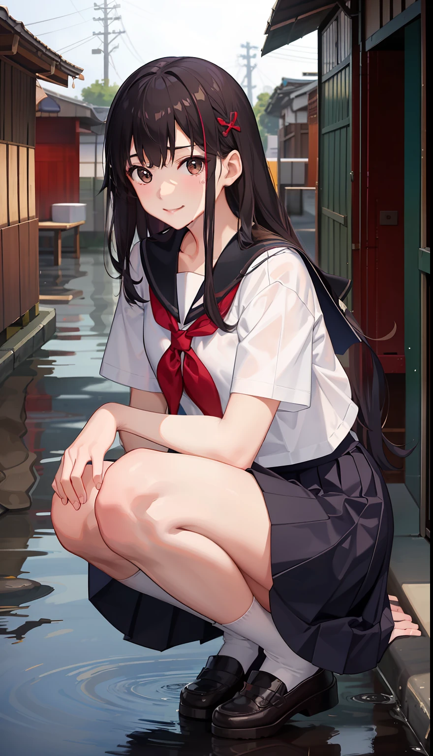 1girl in、A smile、The shirt、skirt by the、(small tits)Chilarism、Japan High School Student Uniform、serafuku、summer clothing、Squall Drenched Uniform、(Sheer Bra)、Upper body portrait、light cream hair、Squatting panchira、