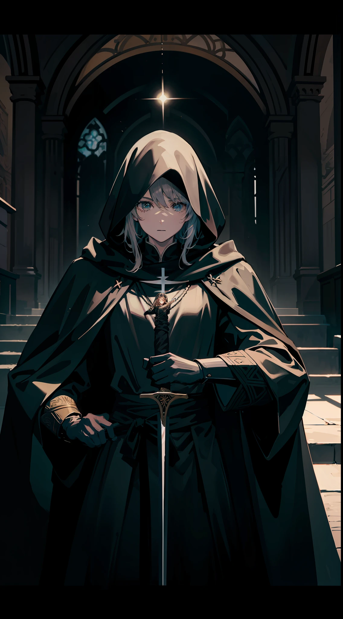 Cinematic light，Best Picture Quality，Kizi，a black cloak，holding enormous sword，Look at the audience，Holy，eyes with brightness