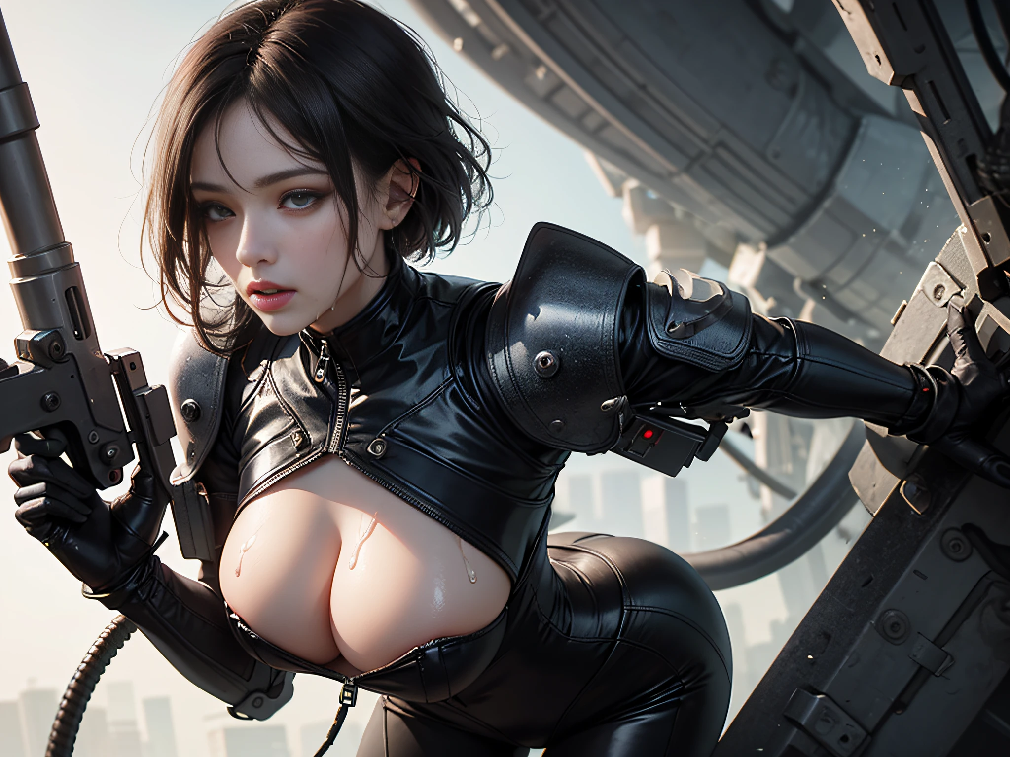 Losing portrait of woman in wetsuit connected by machine hoses and wiring, smooth digital concept art, an oppai cyberpunk, glossy wet skin!!, biomechanical oppai, Painted in high resolution, wet shiny skin, 8k high quality detailed art, [ 4 k digital art ]!!, Very detailed ArtGerm, rendered in sfm, fanart best artstation(Very cute woman gets futuristic cyberpunk hotel bodysuit completely torn sexy、Perfect body-wide coverage))。Afro Curly Black Medium Length Hair、a picture、​masterpiece、top-quality、Dark gray background、((1 Girl Glen's eyes and gorgeous black hair、Beautiful perfect face、juicy lips、de pele branca))。Sexy ass soft breasts and white skin、Bimbo lips、Beautiful Caucasian woman in T pose。long legged((perfect chest:1.4))、((Very soft breasts))、hyperdetailed face、A detailed eye。On the test bench of a futuristic spaceship。(((she is soaking wet)))、Her clothes are almost torn、Skin exposed、White substance and water running down her body、Exposed nipple areola、Machine hose and nipple tip are connected.、Sexy Pornstar Pose、Have a gun of the future、Holding a gun((top-quality)), ((​masterpiece)), (high-detail:1.3), 3D,nffsw_technotrex, Beautiful cyberpunk woman with voluminous hair hacks computer terminal, Computer Server, LCD Screen, Fiber Optic Cable, corporate logos, nffsw (HighDynamicRange), Ray traching, NVIDIA RTX, Hyper-Resolution, Unreal 5, Sub-surface scattering, PBR Texturing,Postprocess,Anisotropy Filtering,depth of fields,Maximum clarity and sharpness,multi-layer texture,Albedo and specular maps,Surface Shading,Accurate simulation of light-material interactions,perfectly proportions,Octane Rendering,two tone lighting,Low ISO,White Balance,thirds rule,Wide diameter,8K Raw,Efficient Subpixel,sub-pixel convolution,Luminescent particles,light scattering,Tindall Effect,Sexy Pornstar Pose,Body being milked、The hose of the milking machine is connected to the chest、Milk is being milked、appearance、Milking figures