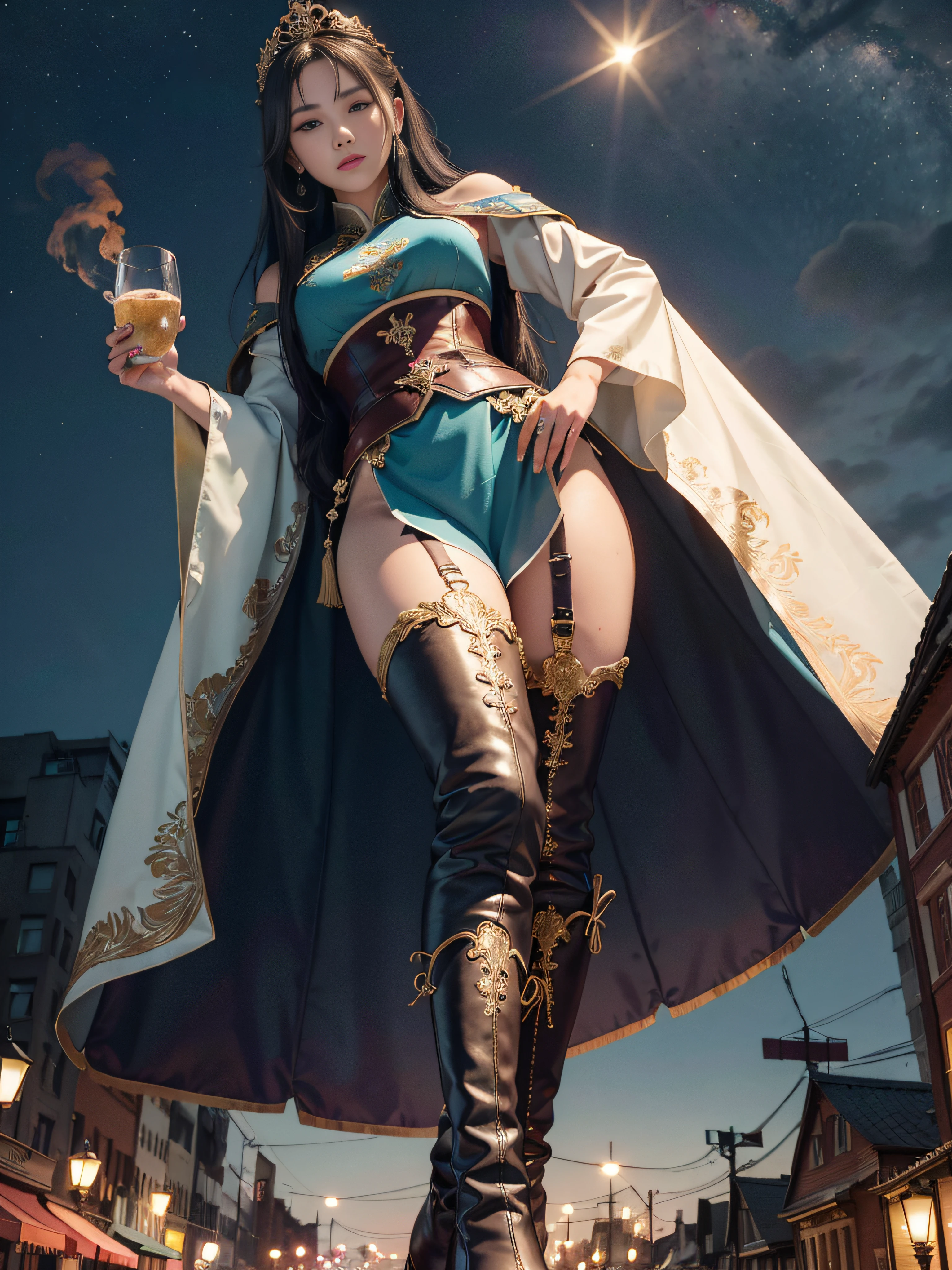Royal sister,Big sister type,Oriental women,gallant woman,Cold sass,,tmasterpiece,A high resolution,,Absolutely beautiful,,are standing,Queen temperament,exquisitedetails,A high resolution,Wallpapers,1female,独奏,,enchanted、Raised sexy, Rich expressions, trinkets,Fluttering, Hanfu,,long trousers,Long boots,Reveal the appearance of long boots,Show stockings,over knee socks,embroidery, natural poses,standing on your feet, Fanning,16K,HDR,A high resolution,depth of fields,Bocoon,prime time,Vignette,rainbowing,(Wide buttock:1.4),(Thick legs:1.4)