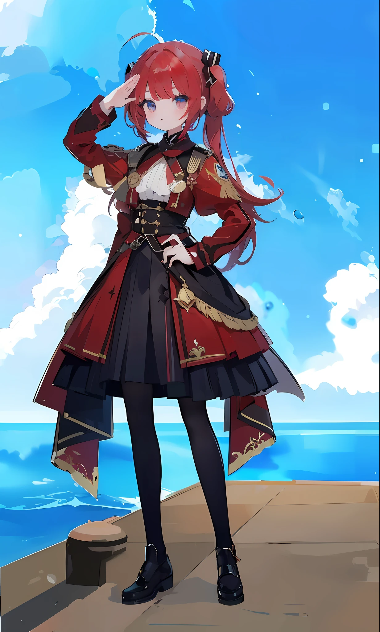 1 girl in、Red-haired、Twin-tailed、Military Uniform Lolita、saluting、(High resolution of the highest quality)、((Masterpiece Highest Quality:1.2))