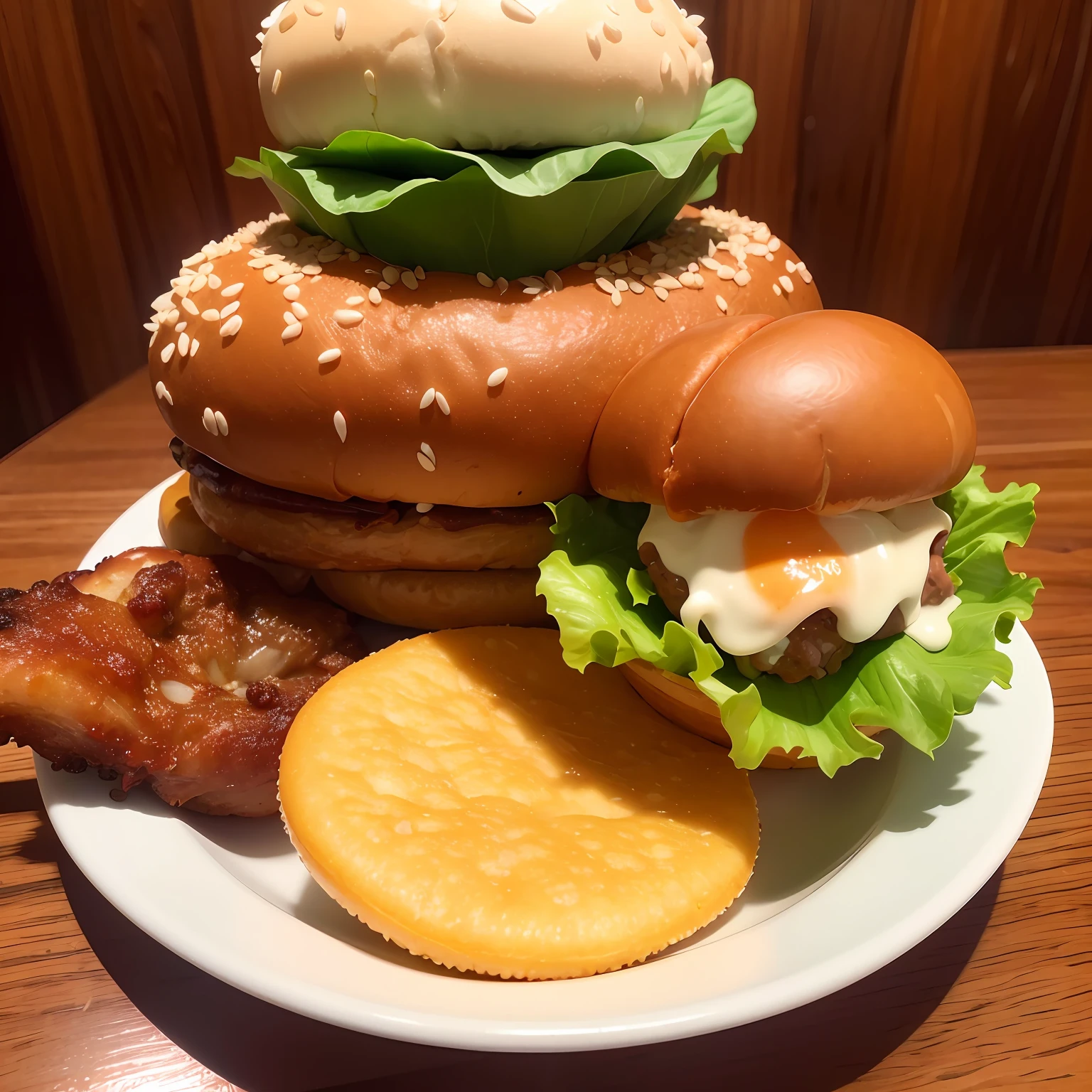 best quality, ultra high res, (photorealistic:1.4), ultra-detailed,incredibly detailed, foil package, big mac, fried meat, wet lettuce, melting cheese, and mc flurry ice cream