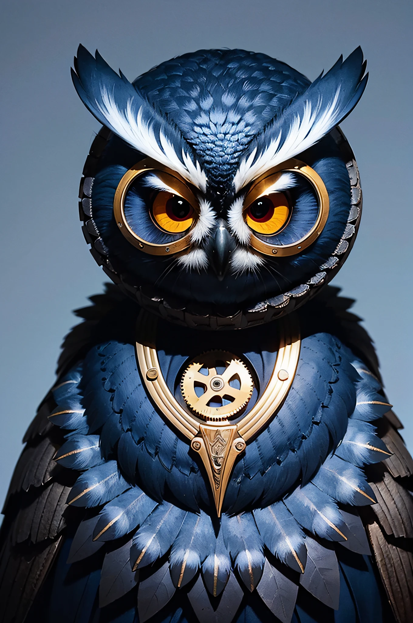 Portrait of an owl, steampunk, indigo blue, colorful, illustration, highly detailed, simple, smooth, and clean vector, no jagged lines, vector art, smooth, made all with grey colored gears inspired by future technology