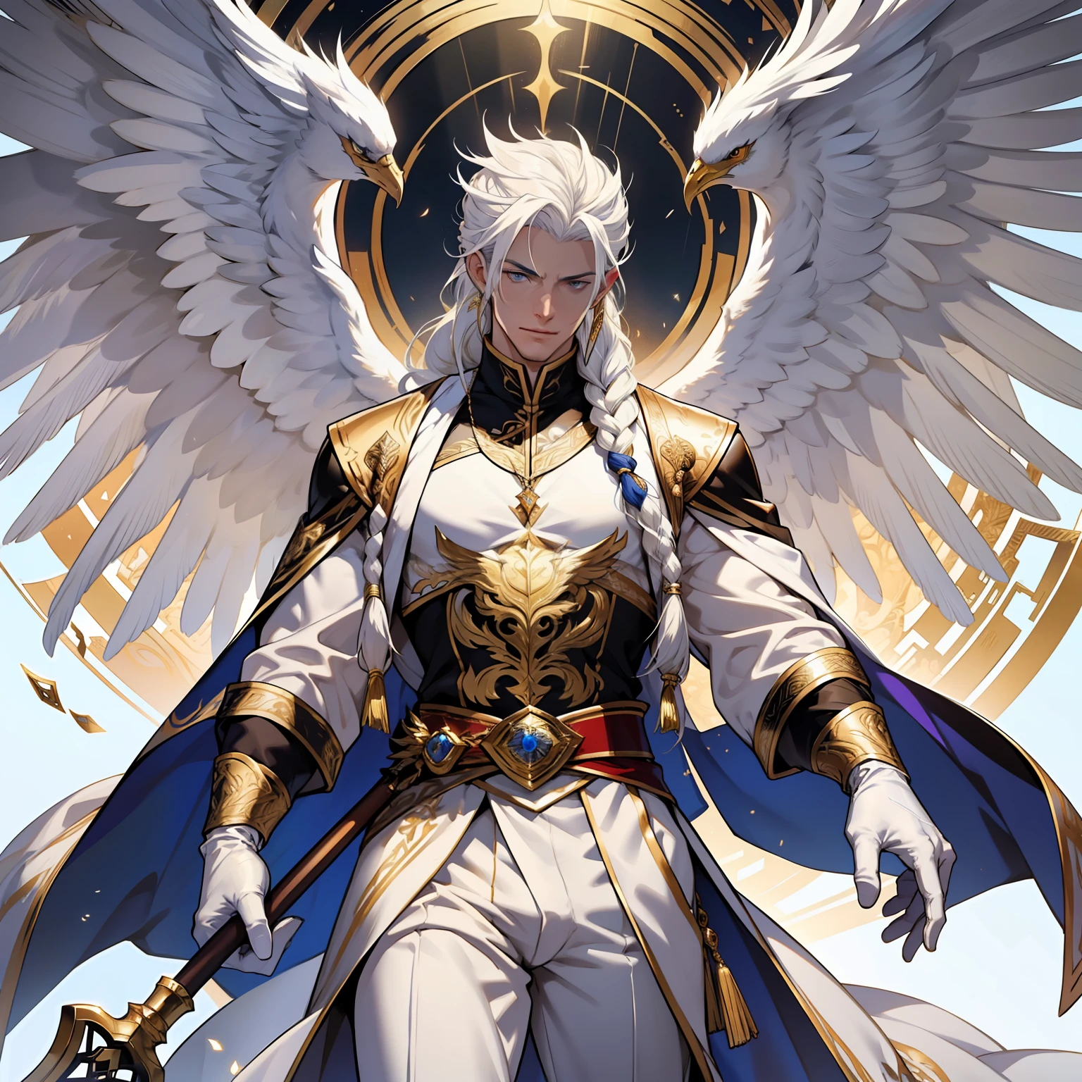 Caius is a handsome male, standing at 7 ft tall, he wears gold and white royal attire. His hair is long and white braided to the side. His eyes are golden brown. He has huge white wings. White Phoenix human form. Big bulge in pants. Detailed hands. Detailed body. Muscular male. He wears white clothes and holds a staff. White gloves