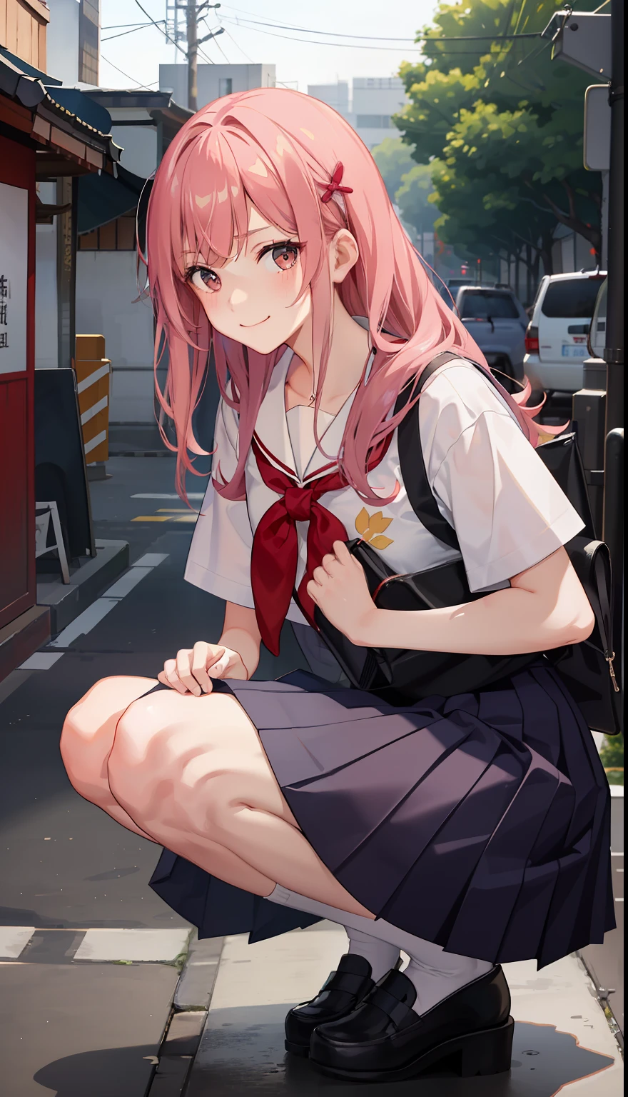 1girl in、A smile、The shirt、skirt by the、（small tits）Chilarism、Japan High School Student Uniform、serafuku、summer clothing、Squall Drenched Uniform、（Sheer Bra）、Upper body portrait、light cream hair、Squatting panchira、
