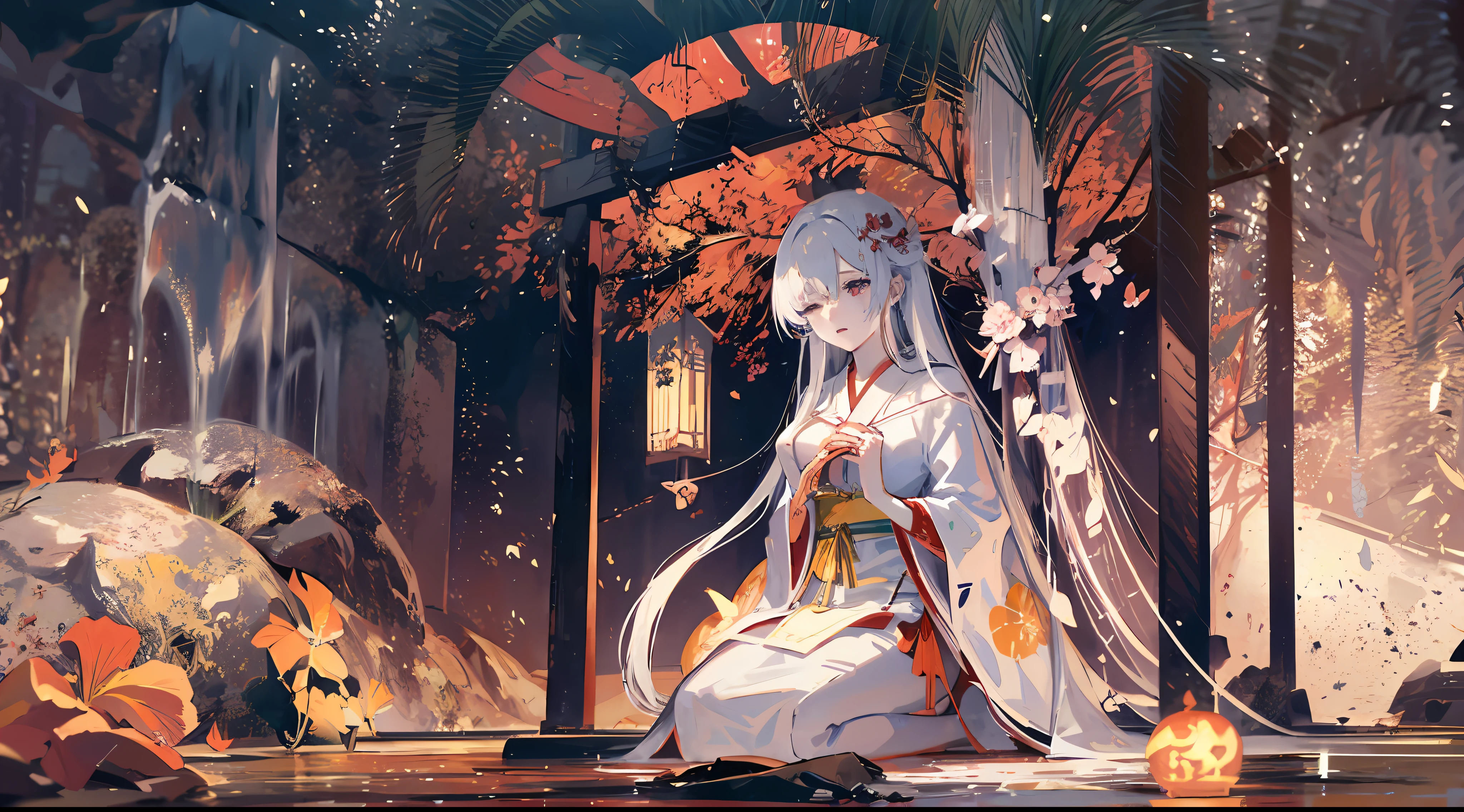 White-haired, Japanese shrine maiden, Shrine, DOA, Cherry blossoms, Graceful, serene, Flowing white robe, spiritual connection, Grace, reverence, sacred space, Incense, spiritual ambiance, cradling hands, Eyes closed, deep concentration, devotion, faith, Delicate, Drifting, breeze, Pink petals, Poetic, transient, transient, Beauty, Presence, Tranquility, spiritual connection, earthly realm, Divine, conduit, Humanity, divino, Enchanting, harmonious, Profound, reverence.