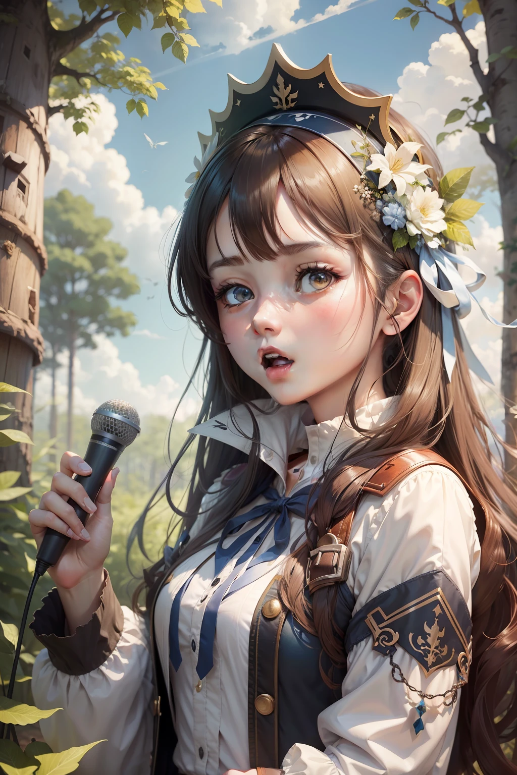 with blue sky and white clouds,ln the forest,There is one girl,Sing