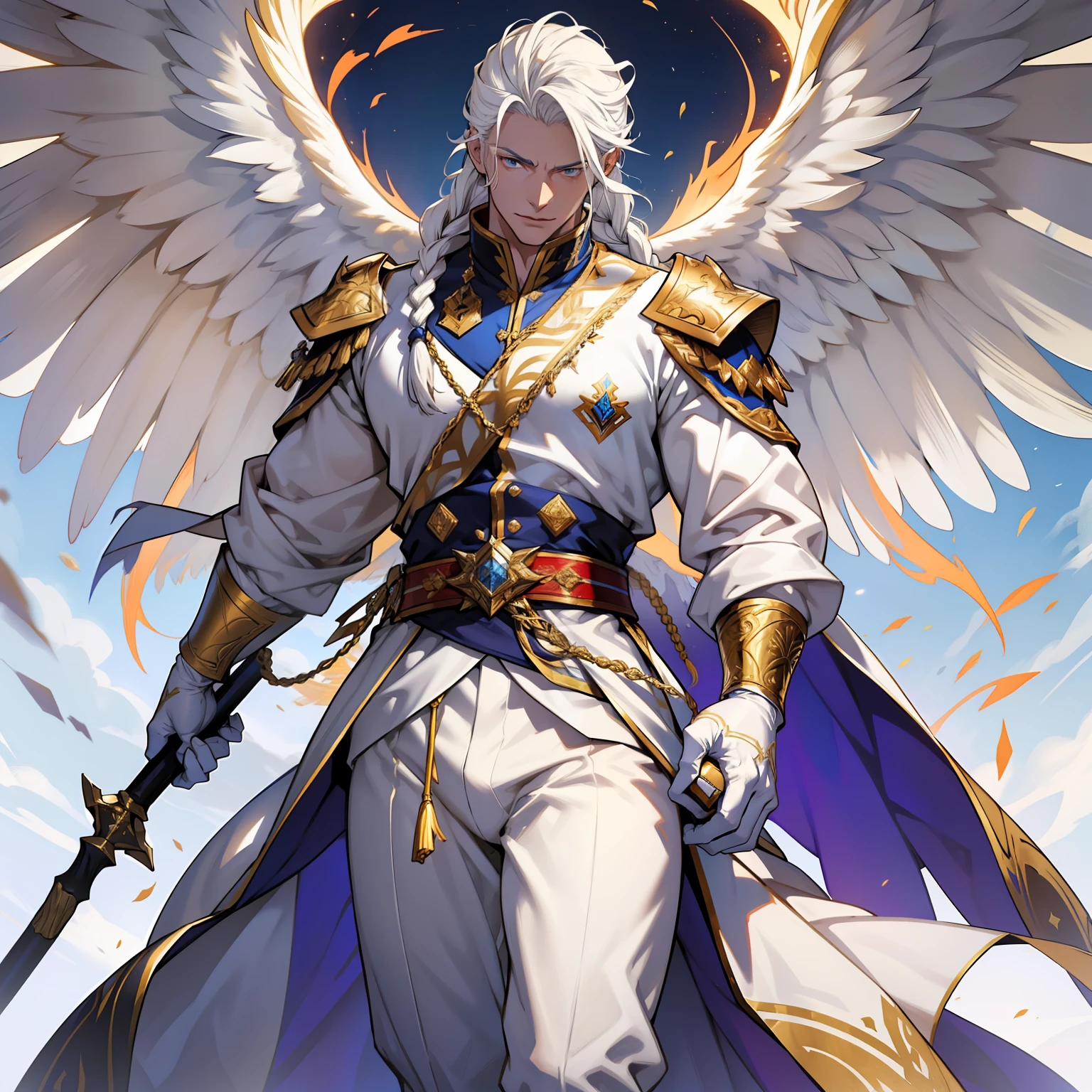 Caius is a handsome male, standing at 7 ft tall, he wears gold and white royal attire. His hair is long and white braided to the side. His eyes are golden brown. He has huge white wings. White Phoenix human form. Big bulge in pants. Detailed hands. Detailed body. Muscular male. He wears white clothes and holds a staff. White gloves