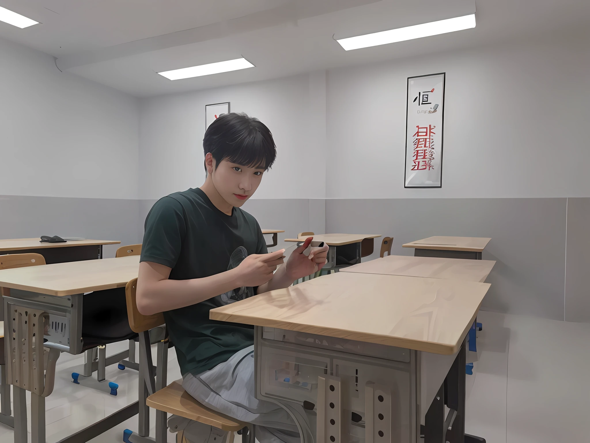 There was a man sitting at his desk,Mobile phone in hand。, Student, Cai Xukun, Art student, inspired by Zhang Zongcang, Li Zixin, jinyiwei, Inspired by Ding Guanpeng, xintong chen, wenjun lin, mingchen shen, yihao ren, inspired by Ding Yunpeng, Inspired by Bian Shoumin, at college