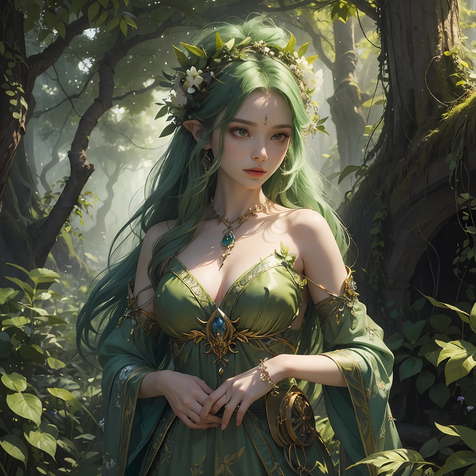 masterpiece captivating portrayal of a D&D dryad, a mystical being composed entirely of lush vegetation, brought to life by the visionary artist, Sylvan Frostleaf. (Verdant:1.2) form adorned with vibrant leaves and blossoms, (graceful:1.1) movements echoing the dance of nature, (transcendent:1.1) aura radiating a serene energy, (piercing:1.1) eyes reflecting ancient wisdom, (whispering:1.1) foliage entwined in her hair, (harmonious:1.1) connection with the surrounding flora, (unveiling:1.1) the profound bond between the dryad and the natural world, (capturing:1.1) the essence of her botanical beauty, (immortalizing:1.1) the enchantment of the vegetation-made dryad.