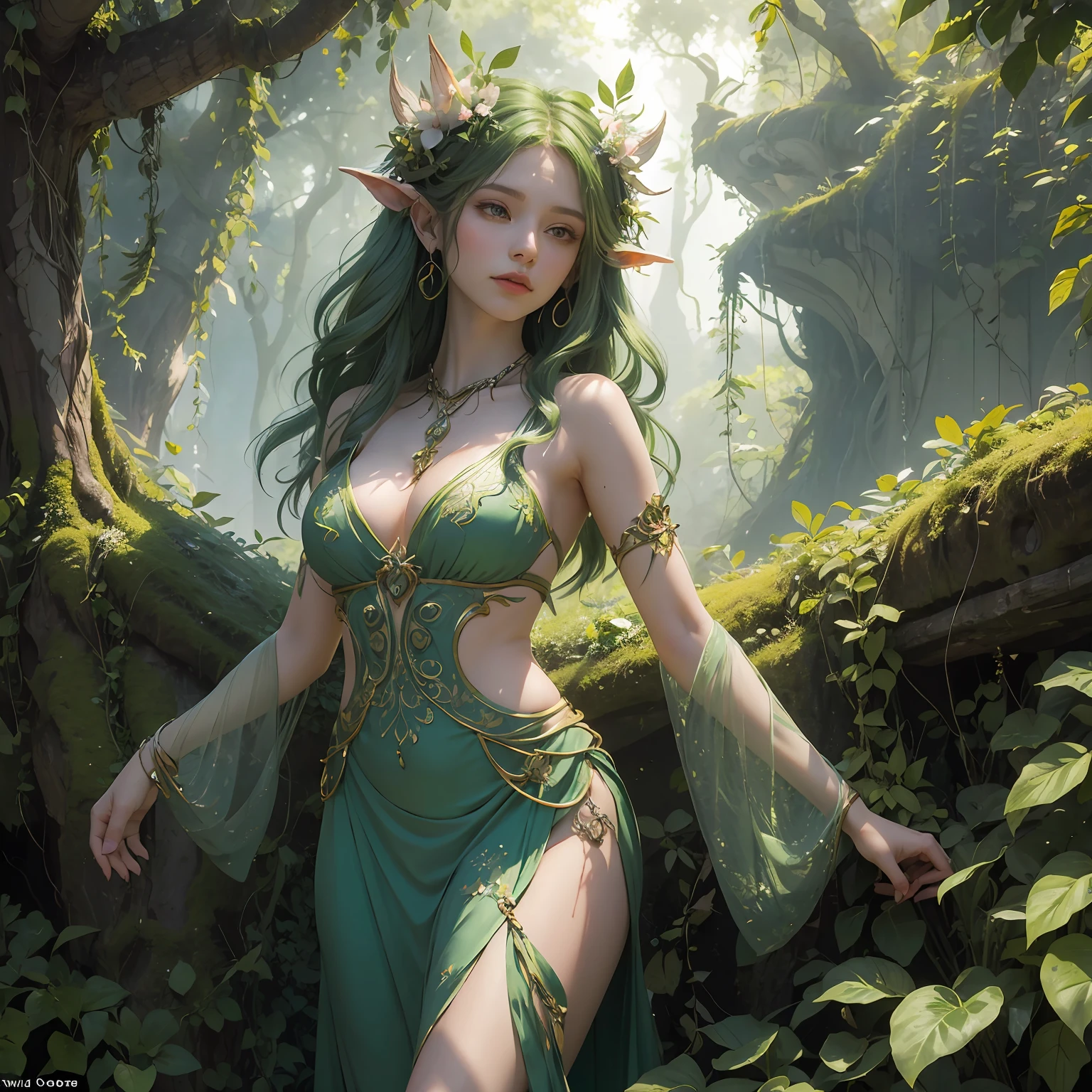 masterpiece captivating portrayal of a D&D dryad, a mystical being composed entirely of lush vegetation, brought to life by the visionary artist, Sylvan Frostleaf. (Verdant:1.2) form adorned with vibrant leaves and blossoms, (graceful:1.1) movements echoing the dance of nature, (transcendent:1.1) aura radiating a serene energy, (piercing:1.1) eyes reflecting ancient wisdom, (whispering:1.1) foliage entwined in her hair, (harmonious:1.1) connection with the surrounding flora, (unveiling:1.1) the profound bond between the dryad and the natural world, (capturing:1.1) the essence of her botanical beauty, (immortalizing:1.1) the enchantment of the vegetation-made dryad.