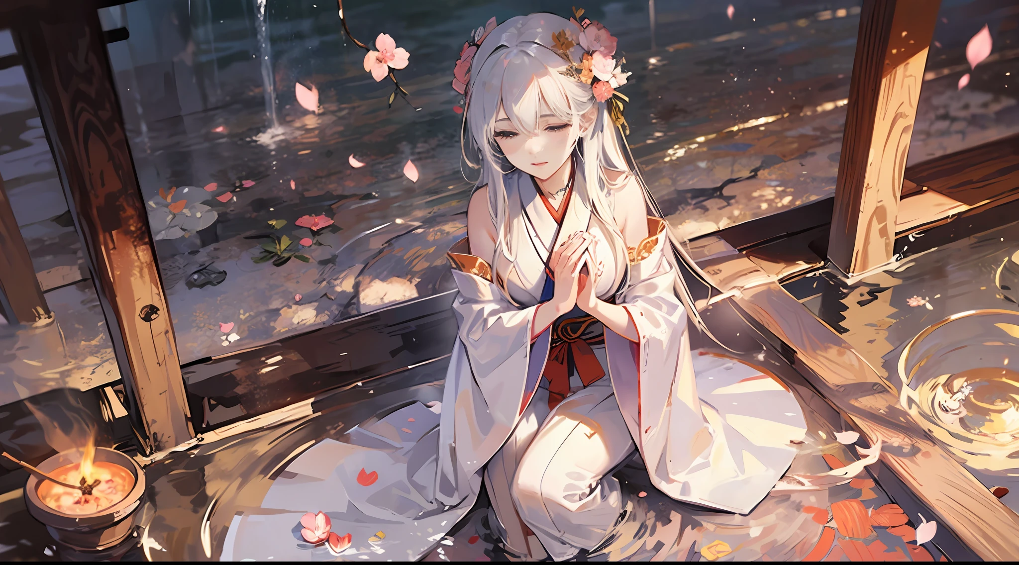 White-haired, Japanese shrine maiden, Shrine, DOA, Cherry blossoms, Graceful, serene, Flowing white robe, spiritual connection, Grace, reverence, sacred space, Incense, spiritual ambiance, cradling hands, Eyes closed, deep concentration, devotion, faith, Delicate, Drifting, breeze, Pink petals, Poetic, transient, transient, Beauty, Presence, Tranquility, spiritual connection, earthly realm, Divine, conduit, Humanity, divino, Enchanting, harmonious, Profound, reverence.