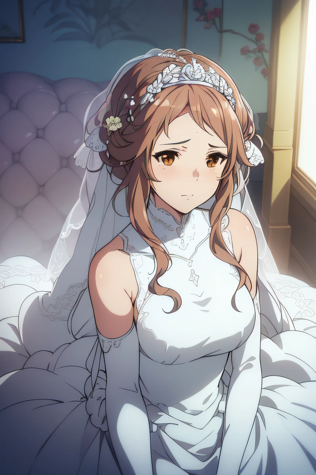 (((Best quality))), ((Ultra-detailed)), ((illustration)), ((Disheveled hair)), ((frilld)), (1 girl), (Solo),(Wedding_dress:1.2),The body faces the viewer,full bodyesbian,